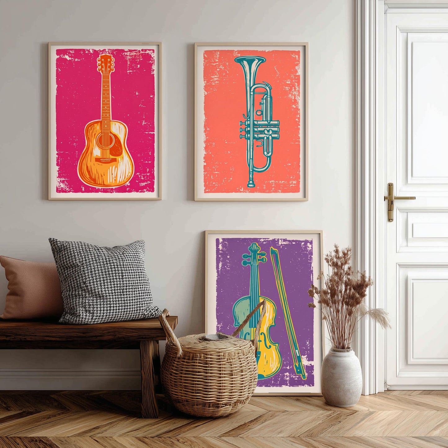 Set of Three Musical Instrument Art Prints - Guitar, Trumpet & Violin - Linocut Style Illustrations - Music Room Posters V1