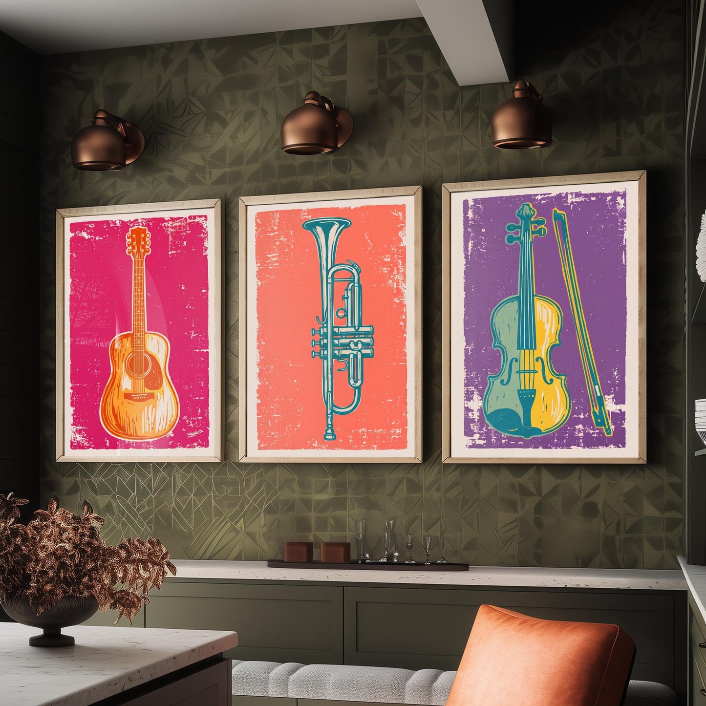 Set of Three Musical Instrument Art Prints - Guitar, Trumpet & Violin - Linocut Style Illustrations - Music Room Posters V1