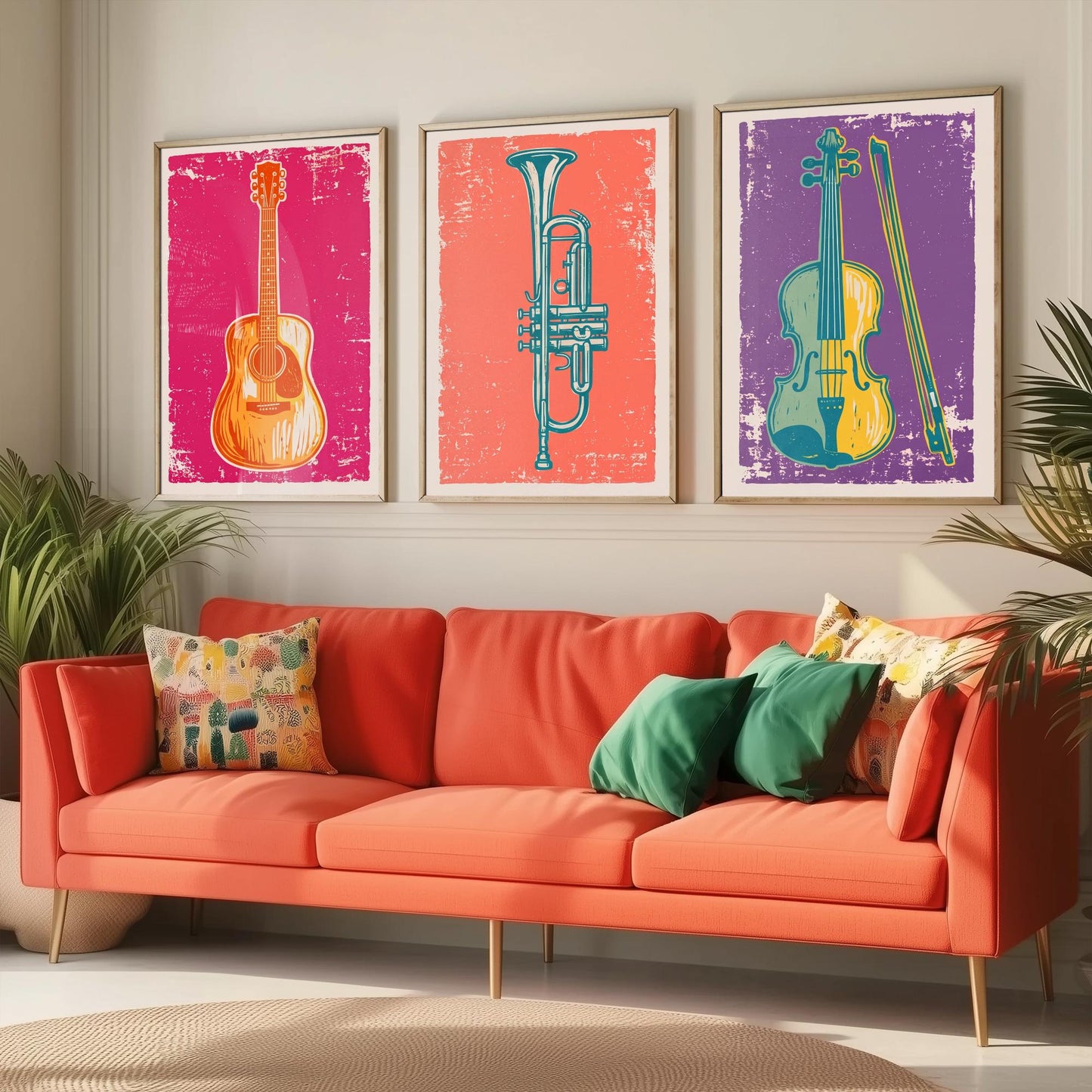 Set of Three Musical Instrument Art Prints - Guitar, Trumpet & Violin - Linocut Style Illustrations - Music Room Posters V1
