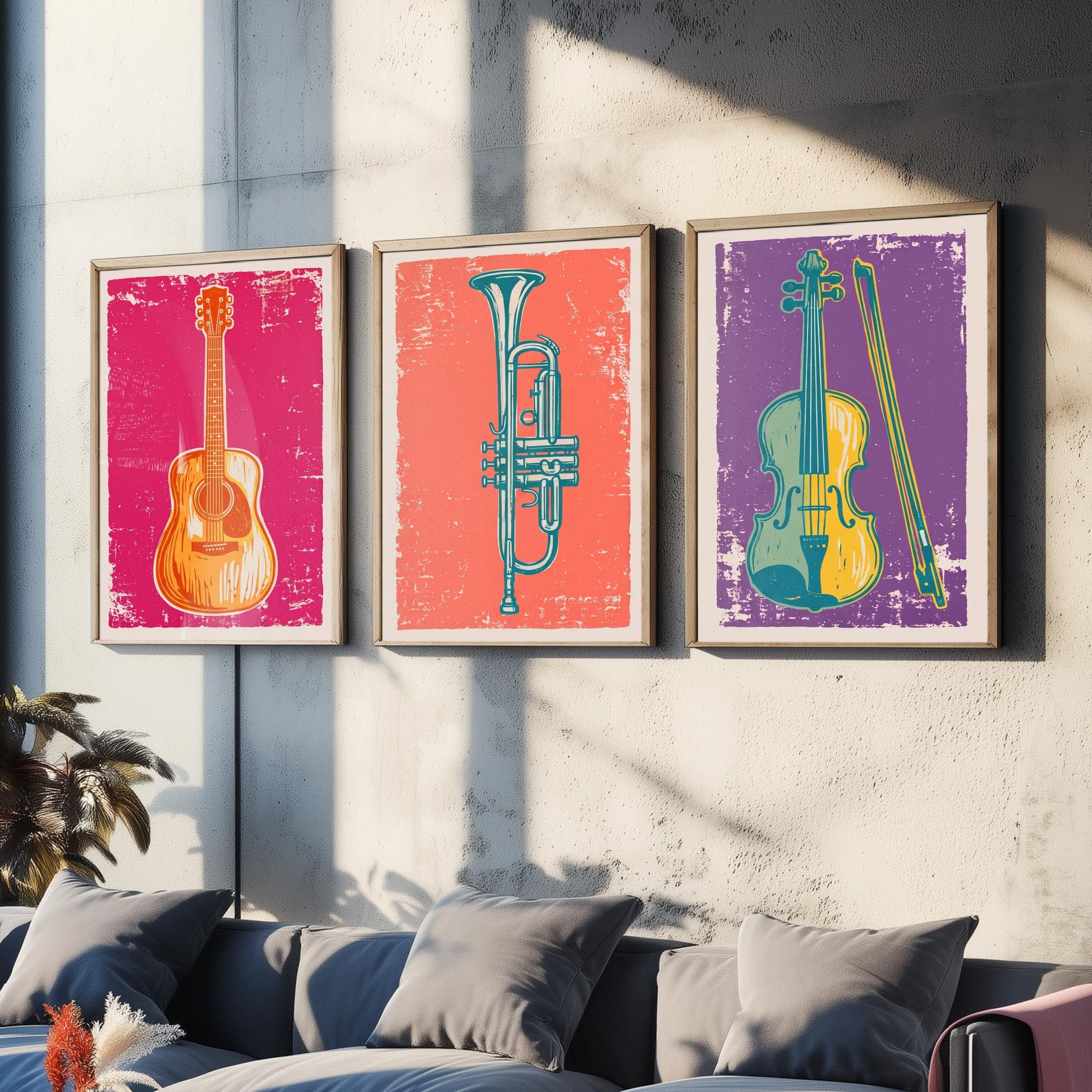 Set of Three Musical Instrument Art Prints - Guitar, Trumpet & Violin - Linocut Style Illustrations - Music Room Posters V1