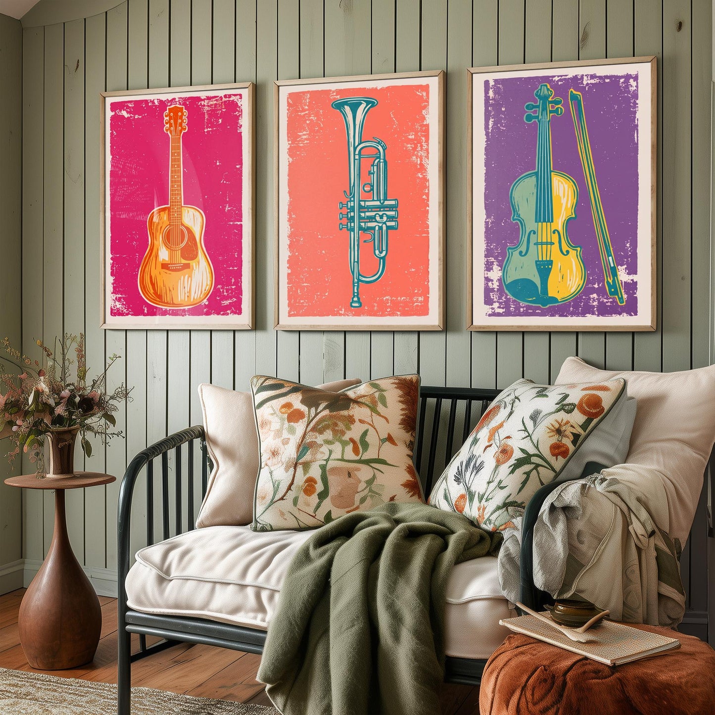 Set of Three Musical Instrument Art Prints - Guitar, Trumpet & Violin - Linocut Style Illustrations - Music Room Posters V1