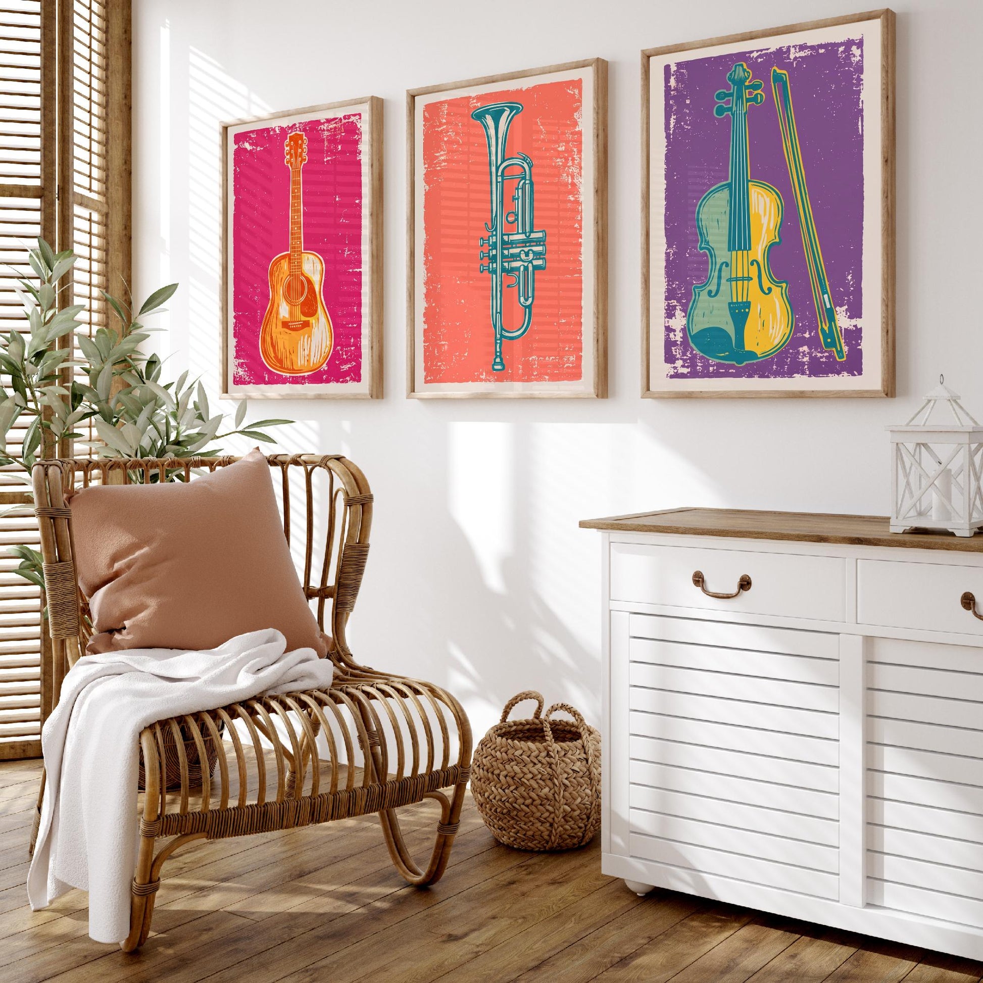 Set of Three Musical Instrument Art Prints - Guitar, Trumpet & Violin - Linocut Style Illustrations - Music Room Posters V1