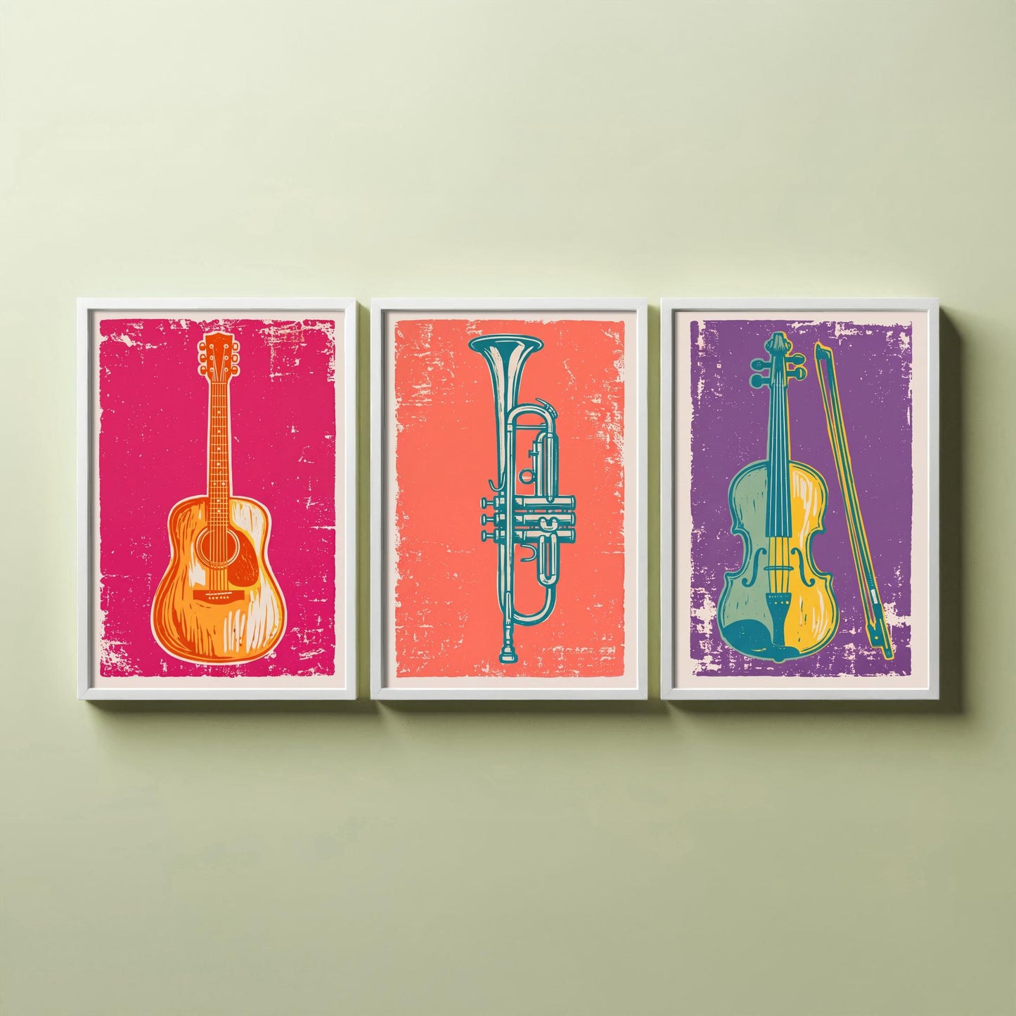 Set of Three Musical Instrument Art Prints - Guitar, Trumpet & Violin - Linocut Style Illustrations - Music Room Posters V1
