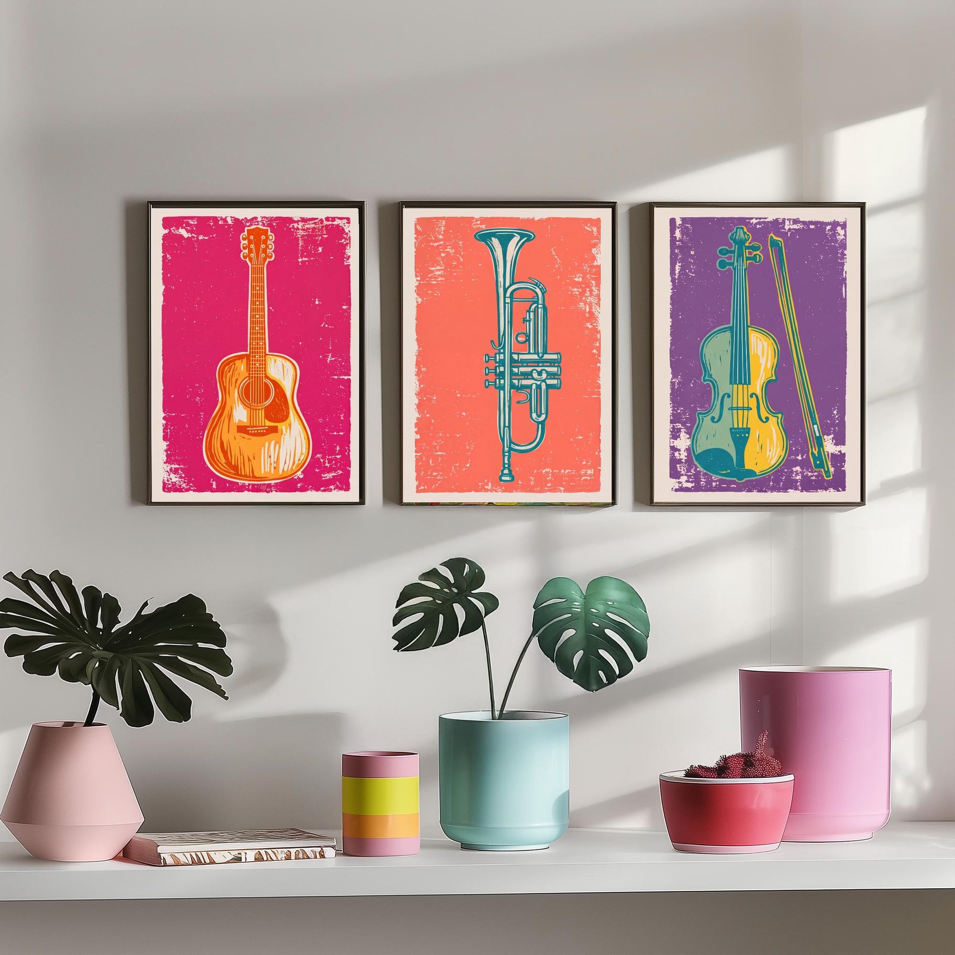 Set of Three Musical Instrument Art Prints - Guitar, Trumpet & Violin - Linocut Style Illustrations - Music Room Posters V1