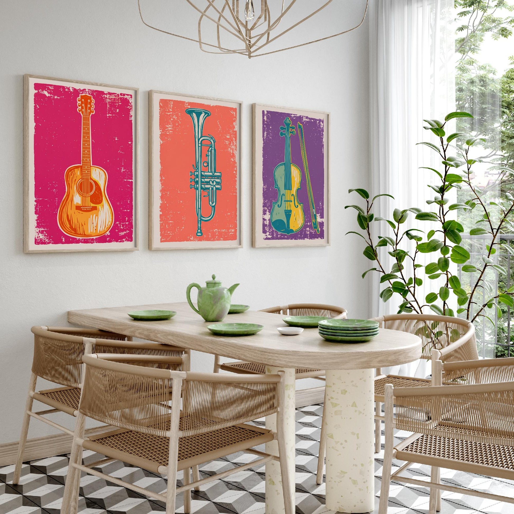 Set of Three Musical Instrument Art Prints - Guitar, Trumpet & Violin - Linocut Style Illustrations - Music Room Posters V1