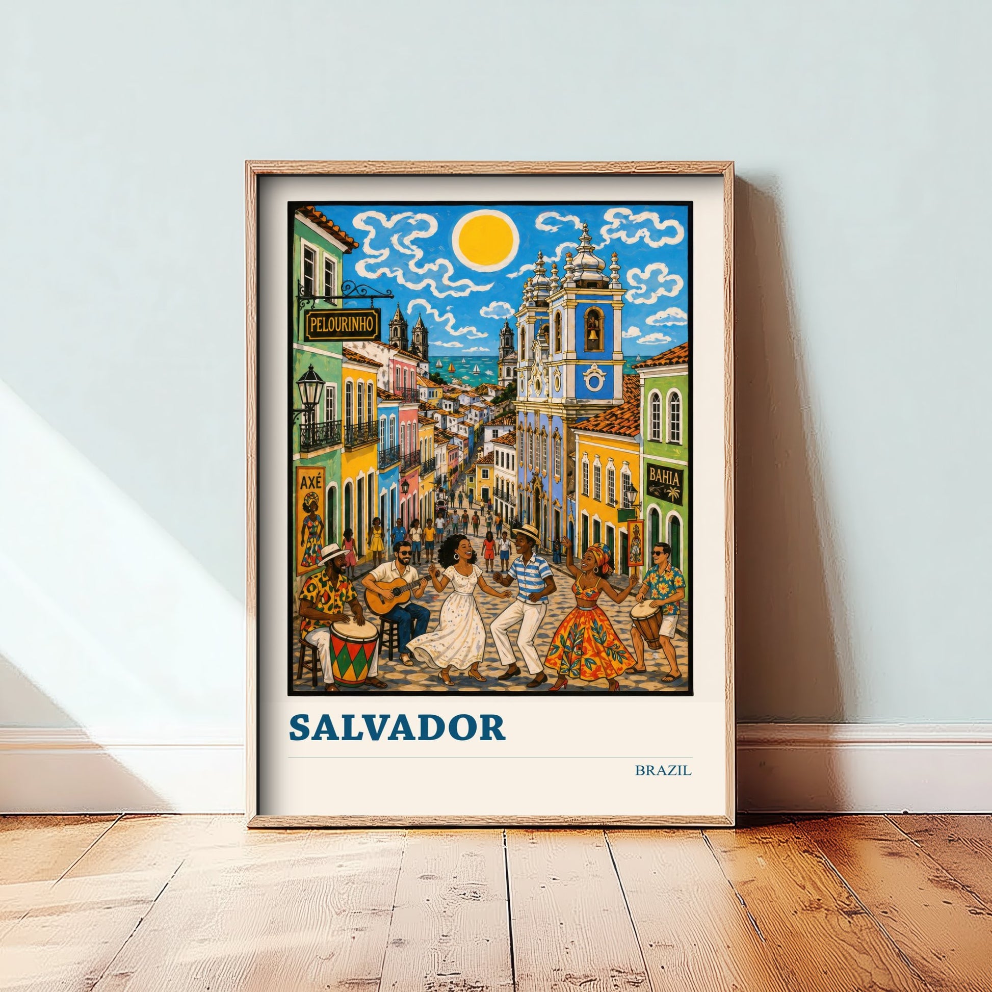 Salvador Brazil Travel Poster - Art Print - Folk Art Music Illustration - Bahia Pelourinho Wall Art 1/3