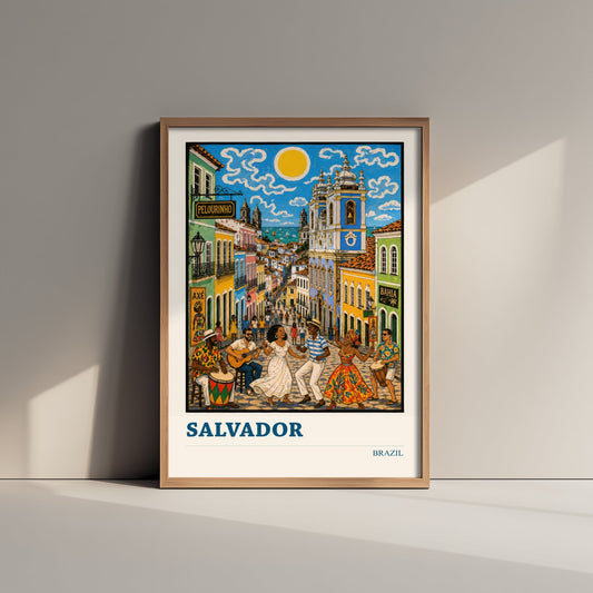 Salvador Brazil Travel Poster - Art Print - Folk Art Music Illustration - Bahia Pelourinho Wall Art 1/3