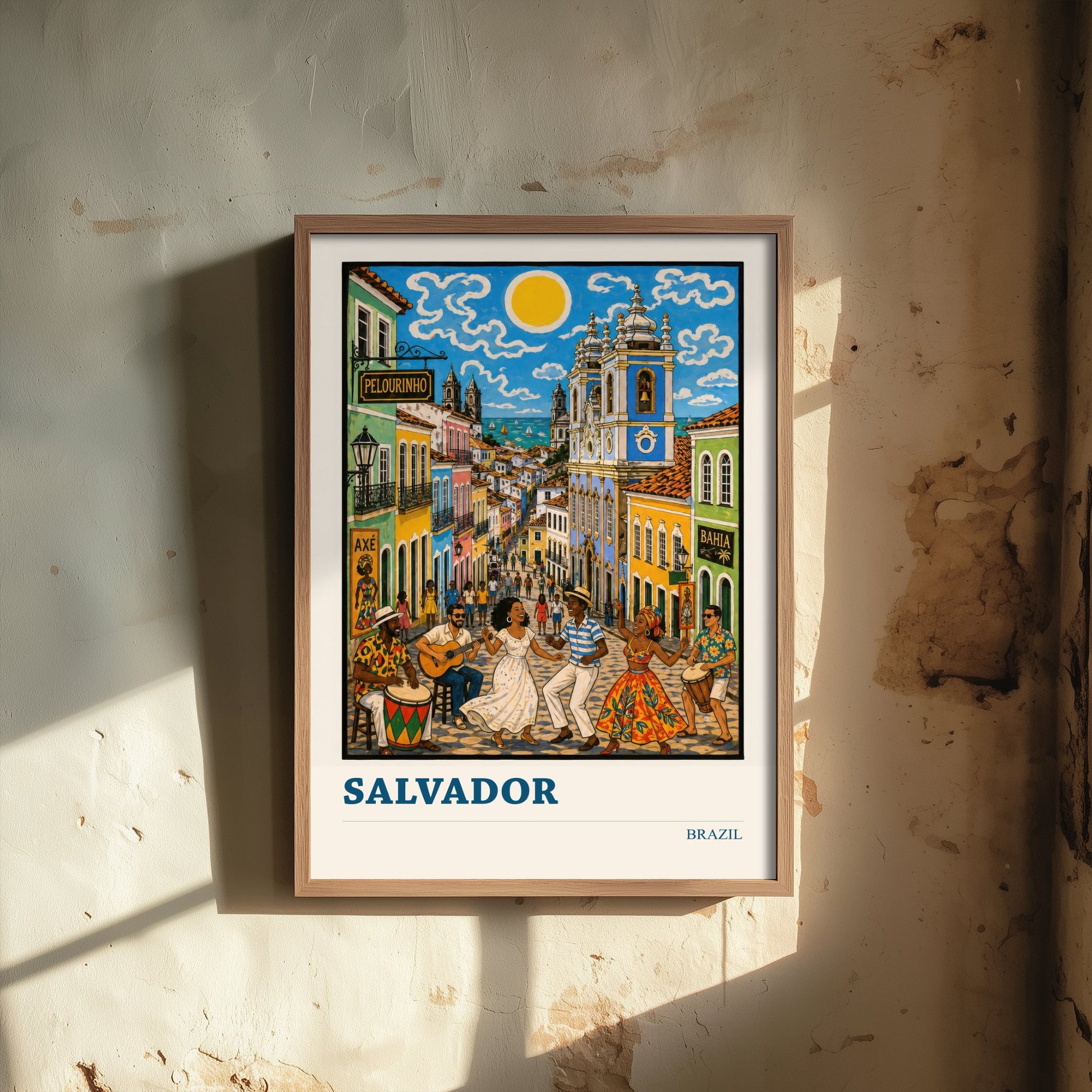 Salvador Brazil Travel Poster - Art Print - Folk Art Music Illustration - Bahia Pelourinho Wall Art 1/3