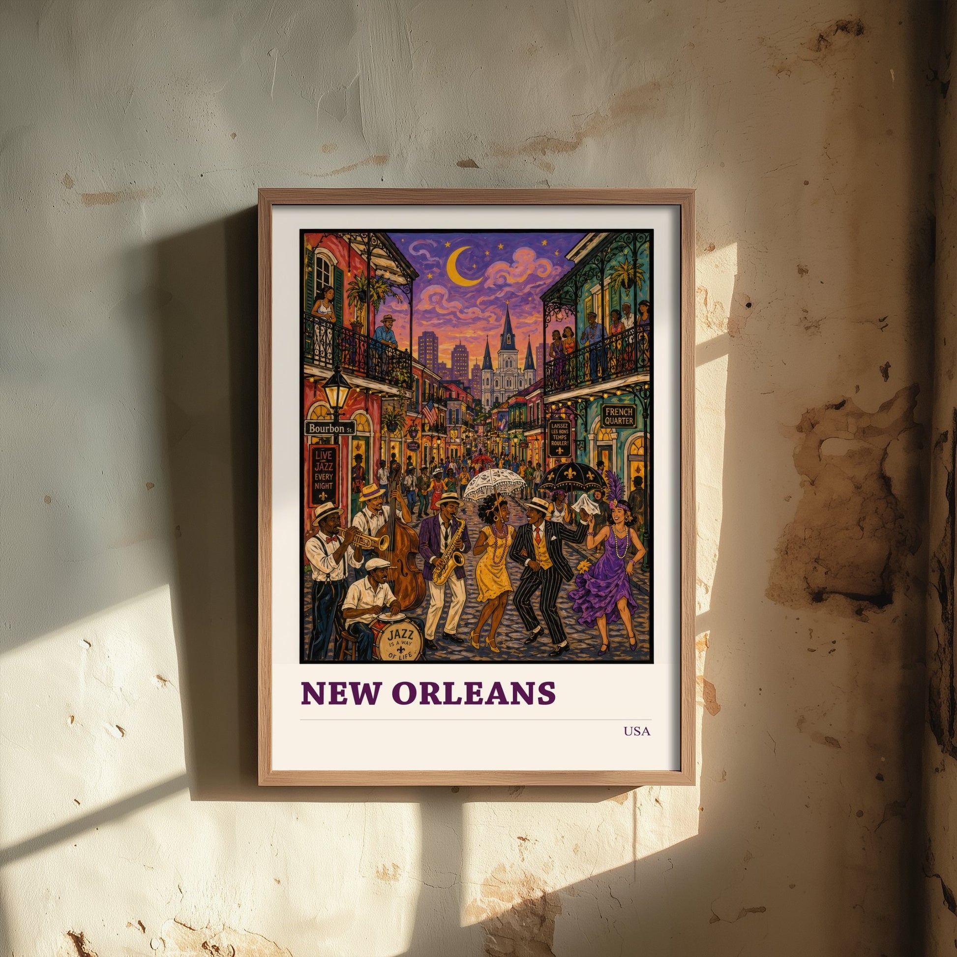 New Orleans USA Travel Poster - Art Print - Folk Art Jazz Illustration - French Quarter Wall Art 2/3