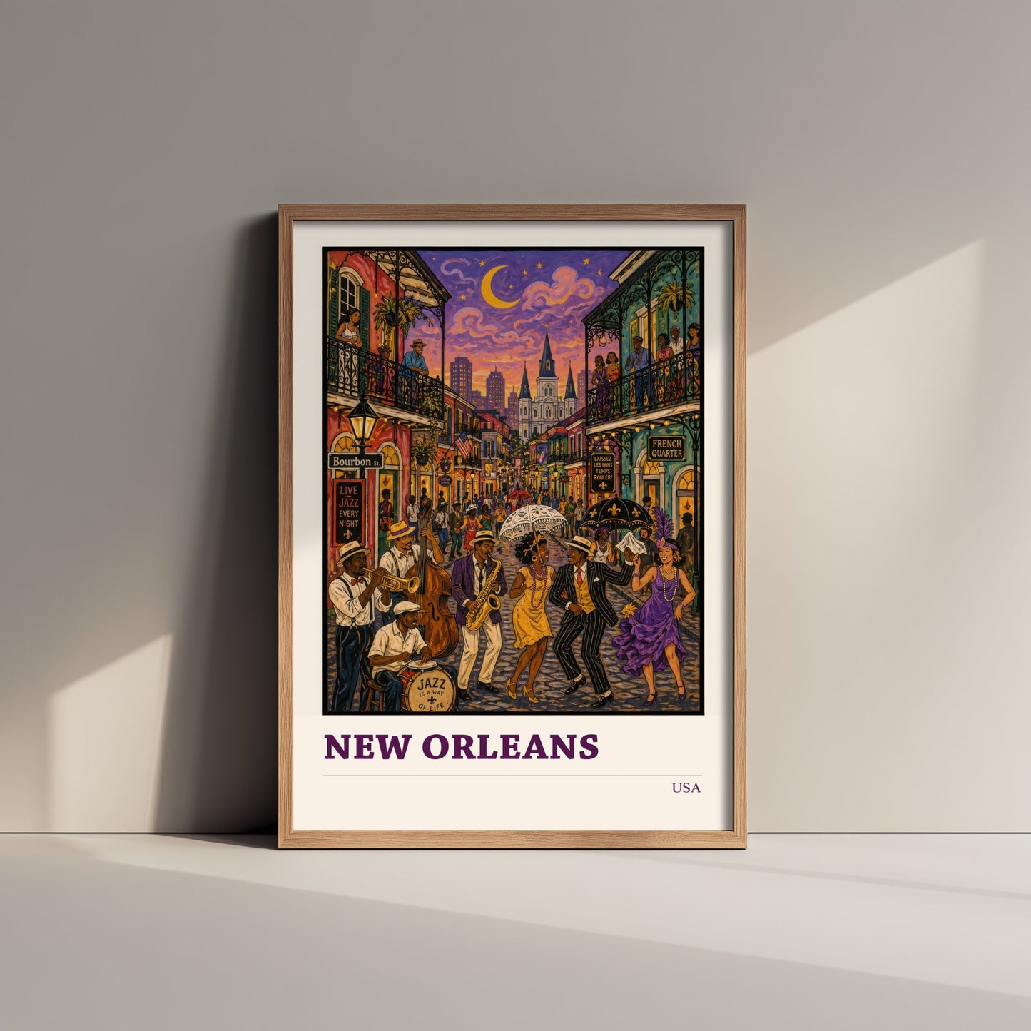New Orleans USA Travel Poster - Art Print - Folk Art Jazz Illustration - French Quarter Wall Art 2/3