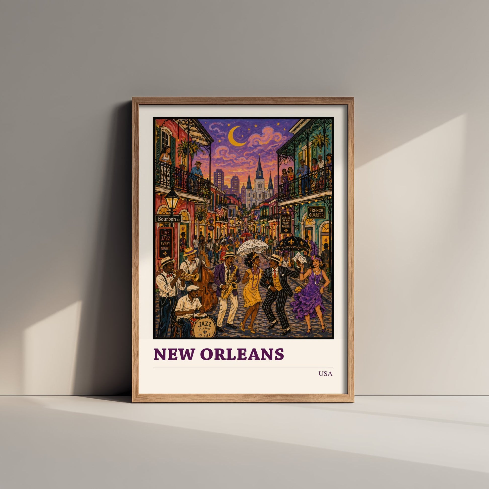New Orleans USA Travel Poster - Art Print - Folk Art Jazz Illustration - French Quarter Wall Art 2/3