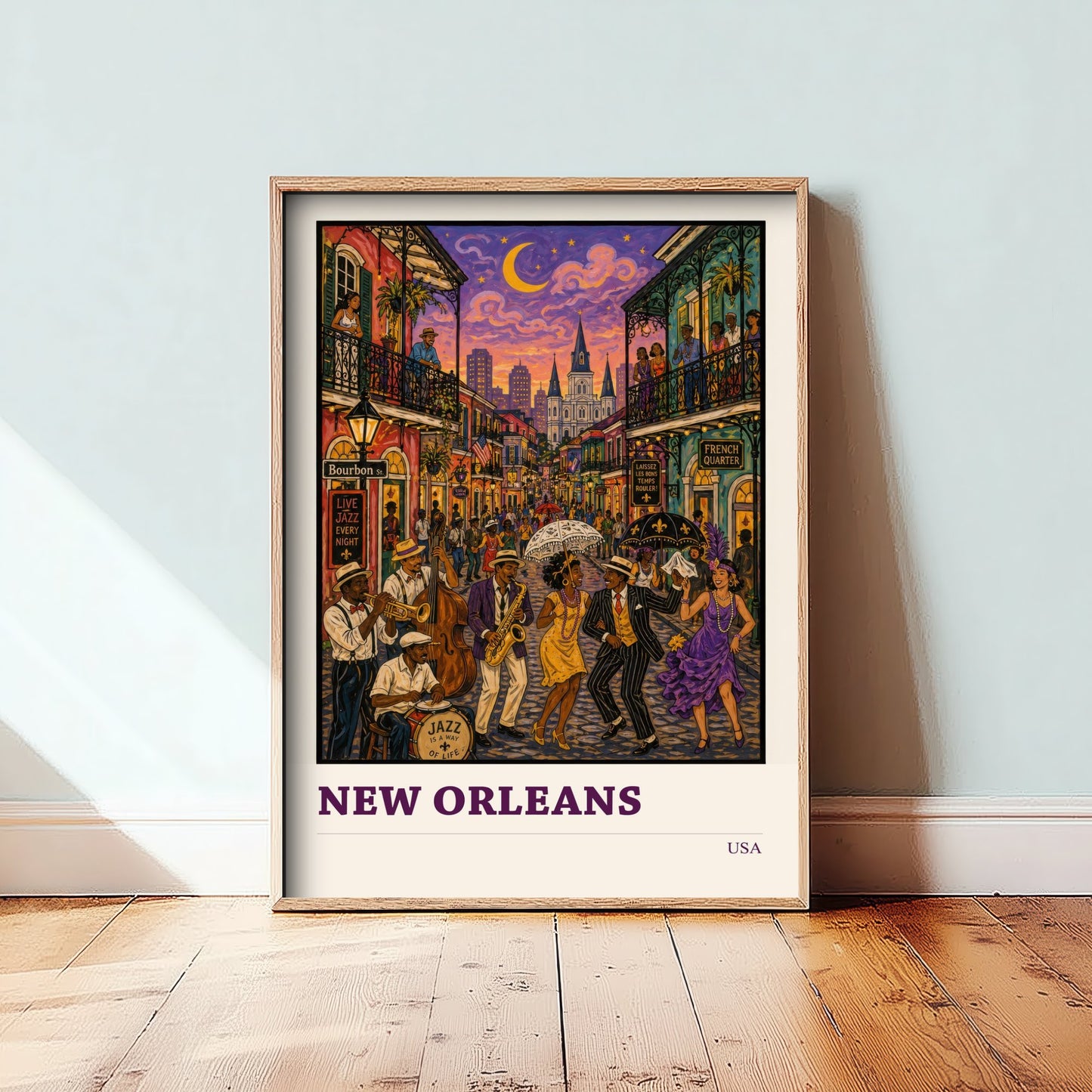 New Orleans USA Travel Poster - Art Print - Folk Art Jazz Illustration - French Quarter Wall Art 2/3