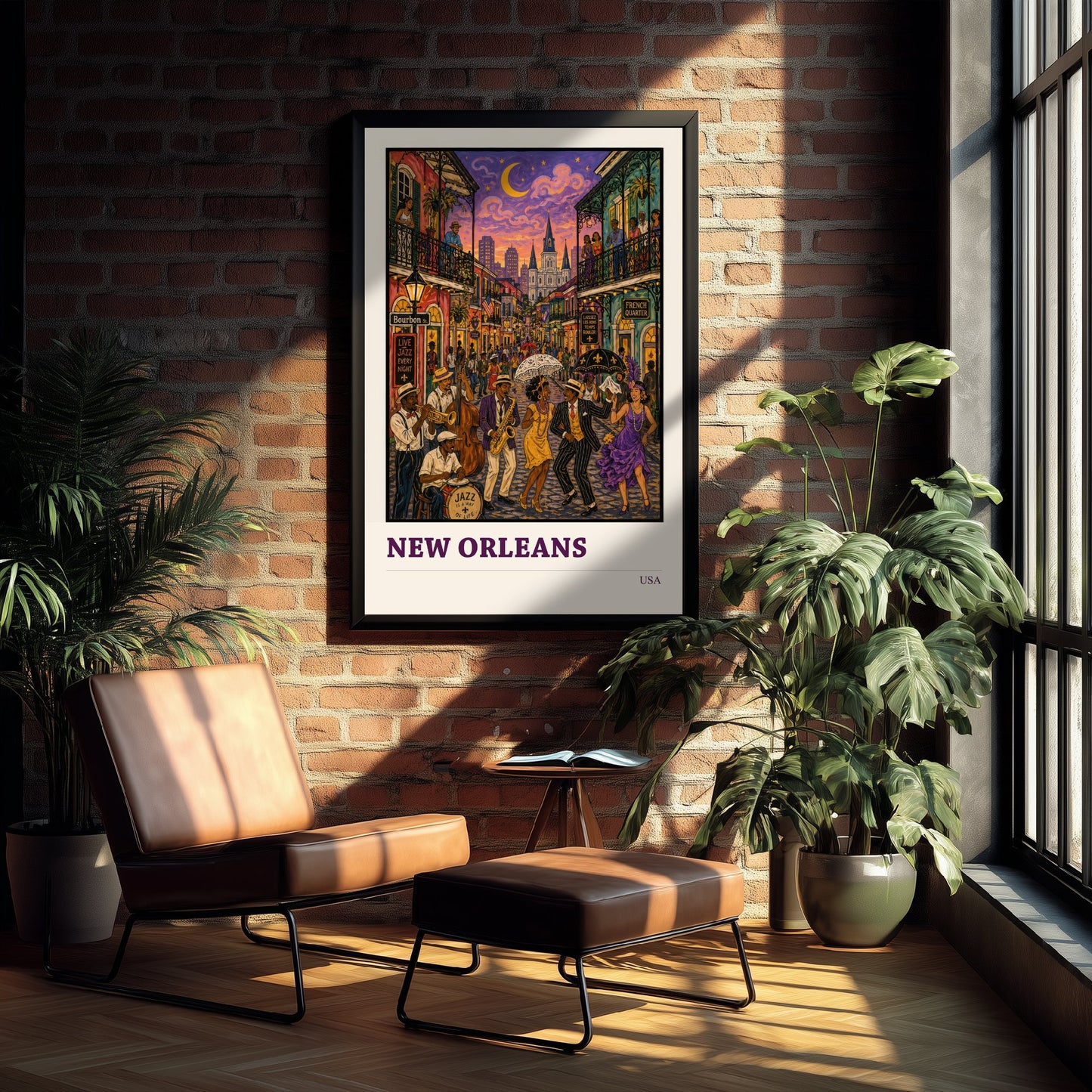 New Orleans USA Travel Poster - Art Print - Folk Art Jazz Illustration - French Quarter Wall Art 2/3