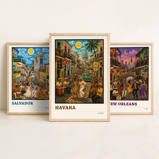 Musical Cities Set of Three Travel Posters - Salvador Brazil, New Orleans, Havana Cuba - 3 Music Art Prints Jazz Painting Gift