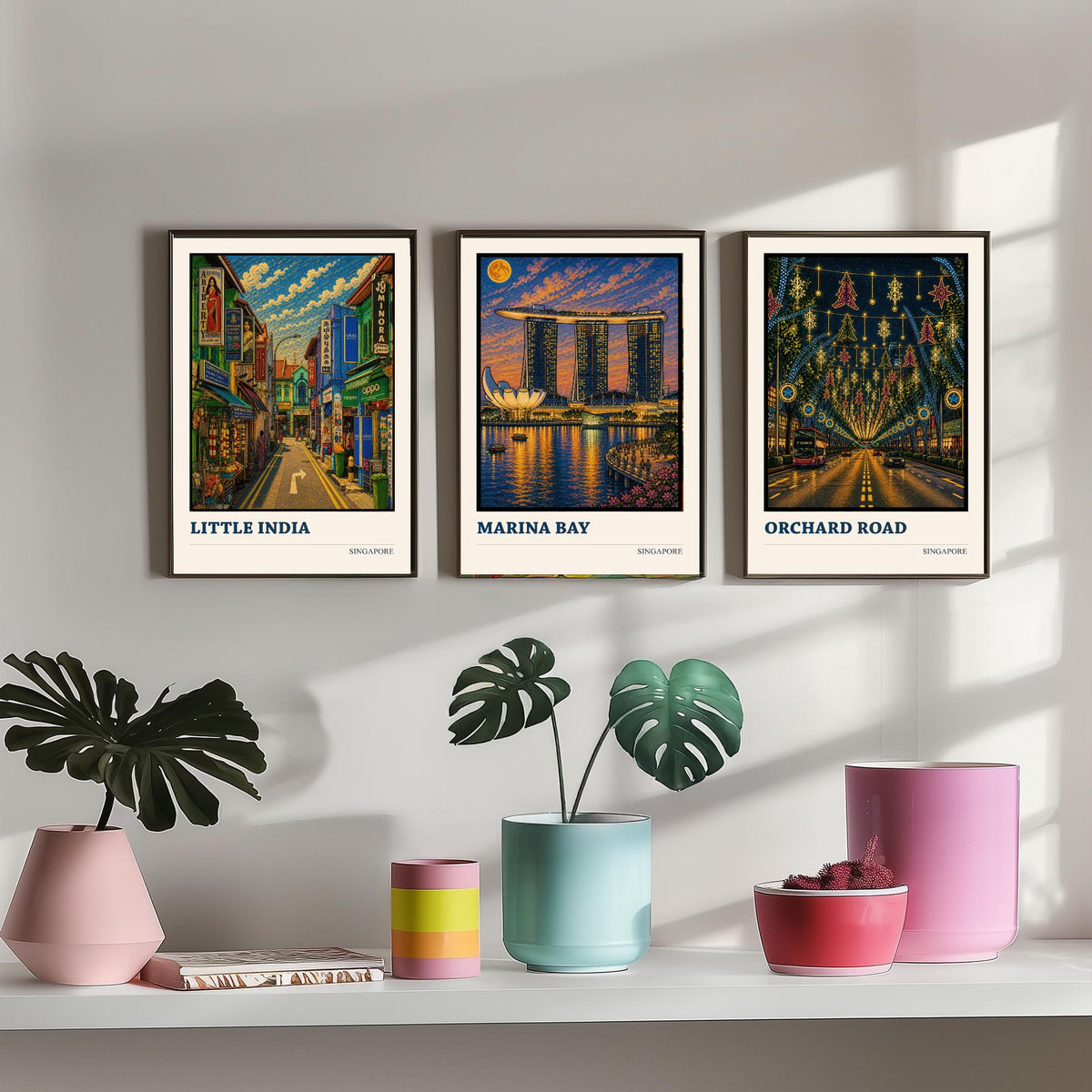 Singapore Set of Three Travel Posters - Little India, Marina Bay, Orchard Road - 3 Cityscape Art Prints Music Painting Gift