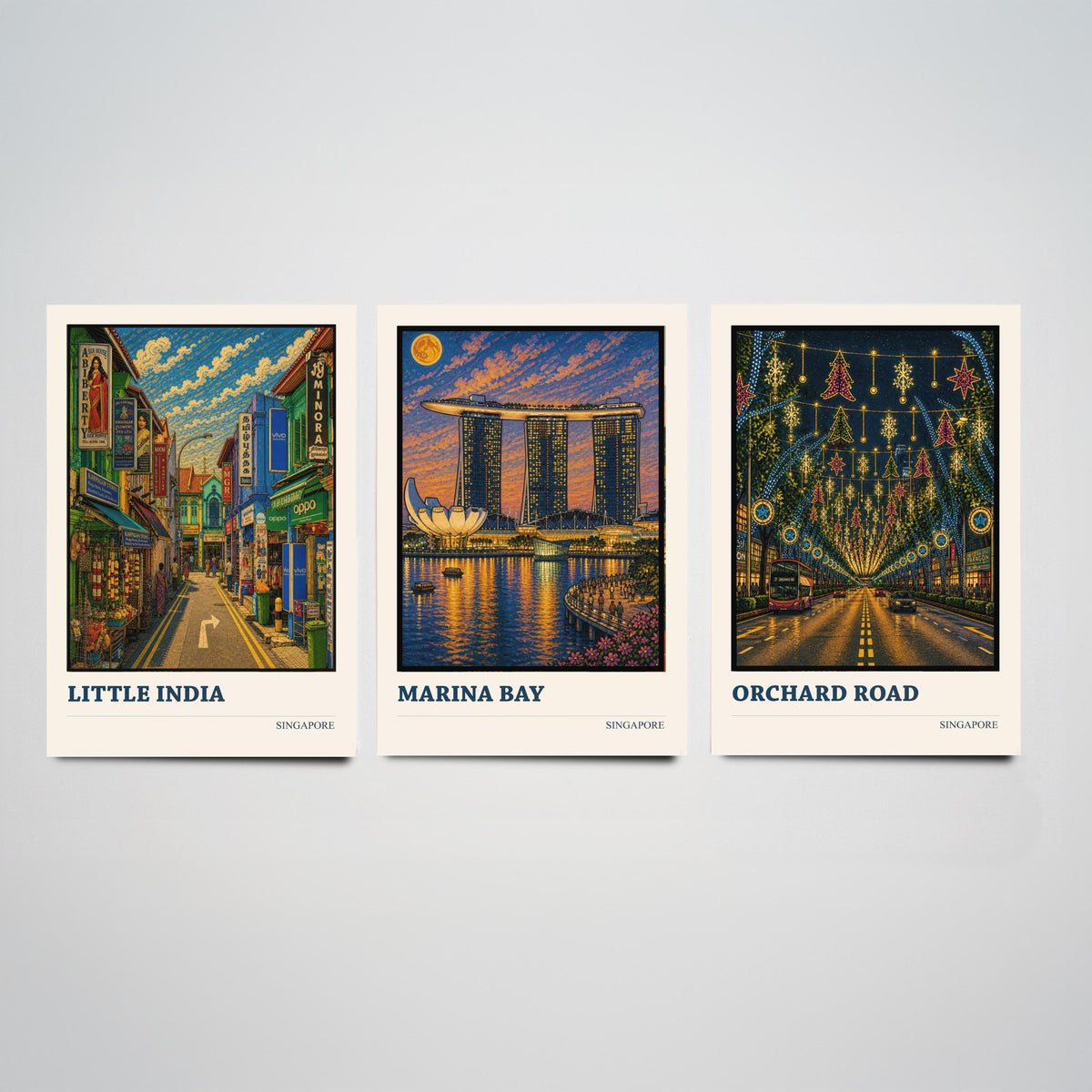 Singapore Set of Three Travel Posters - Little India, Marina Bay, Orchard Road - 3 Cityscape Art Prints Music Painting Gift