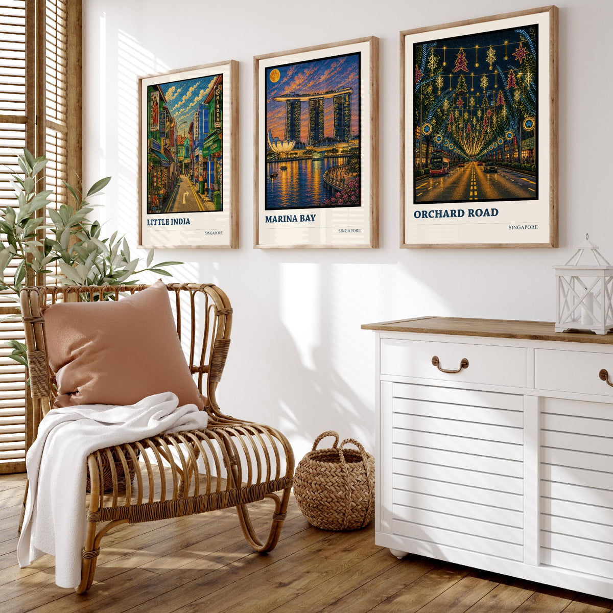 Singapore Set of Three Travel Posters - Little India, Marina Bay, Orchard Road - 3 Cityscape Art Prints Music Painting Gift