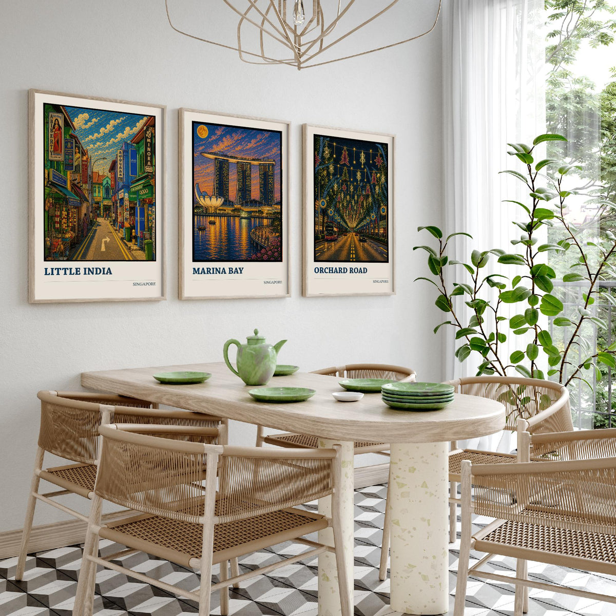Singapore Set of Three Travel Posters - Little India, Marina Bay, Orchard Road - 3 Cityscape Art Prints Music Painting Gift