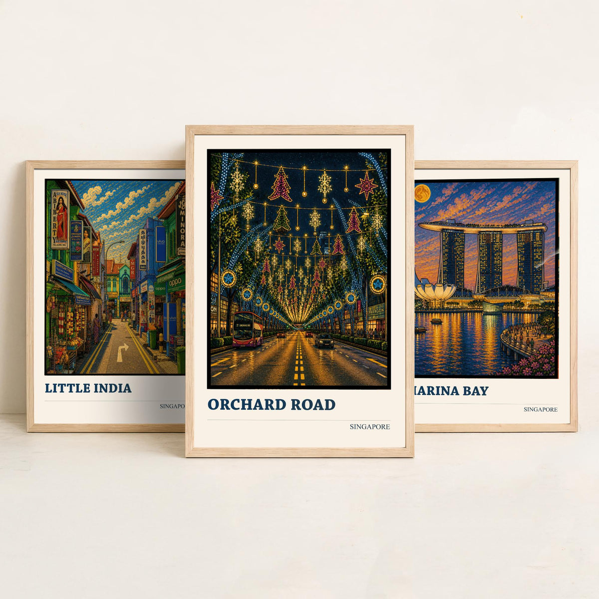 Singapore Set of Three Travel Posters - Little India, Marina Bay, Orchard Road - 3 Cityscape Art Prints Music Painting Gift