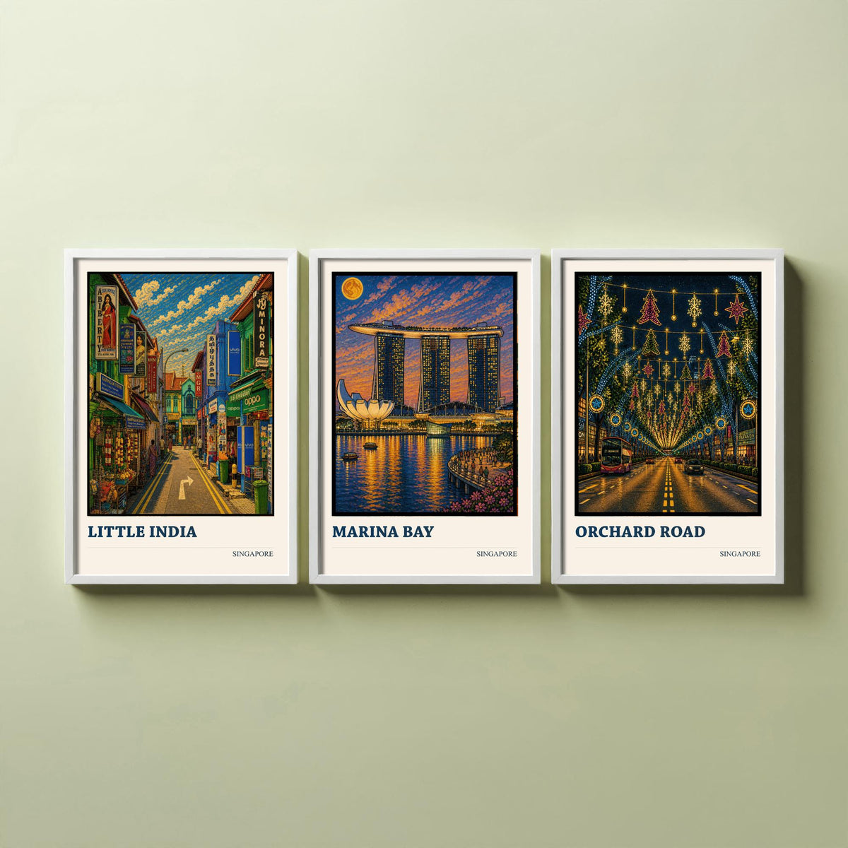 Singapore Set of Three Travel Posters - Little India, Marina Bay, Orchard Road - 3 Cityscape Art Prints Music Painting Gift