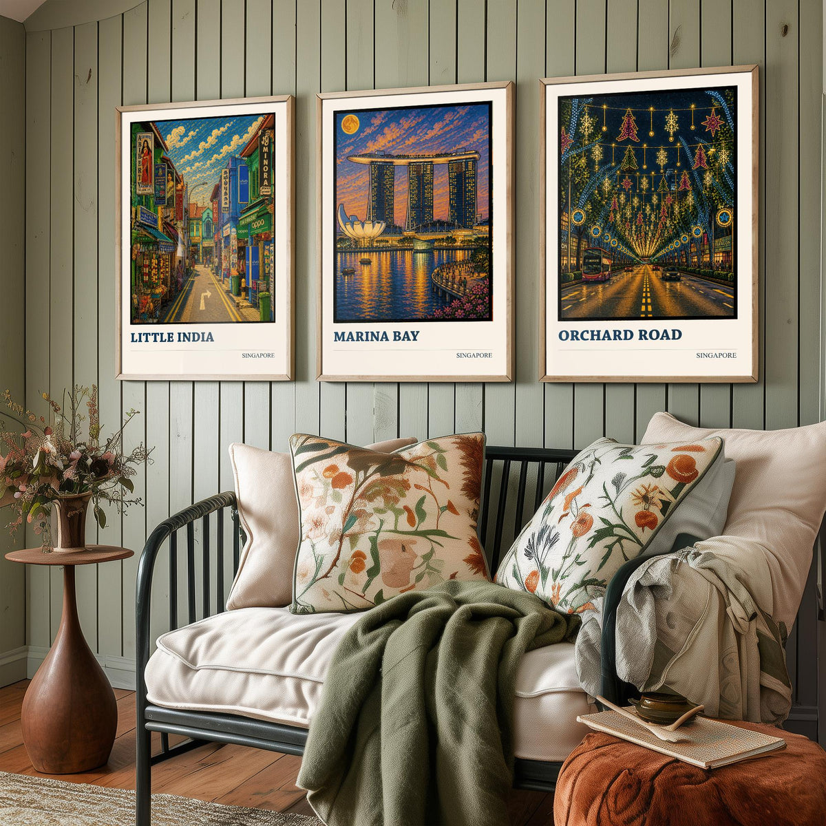Singapore Set of Three Travel Posters - Little India, Marina Bay, Orchard Road - 3 Cityscape Art Prints Music Painting Gift