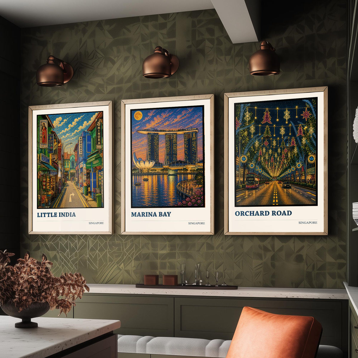 Singapore Set of Three Travel Posters - Little India, Marina Bay, Orchard Road - 3 Cityscape Art Prints Music Painting Gift