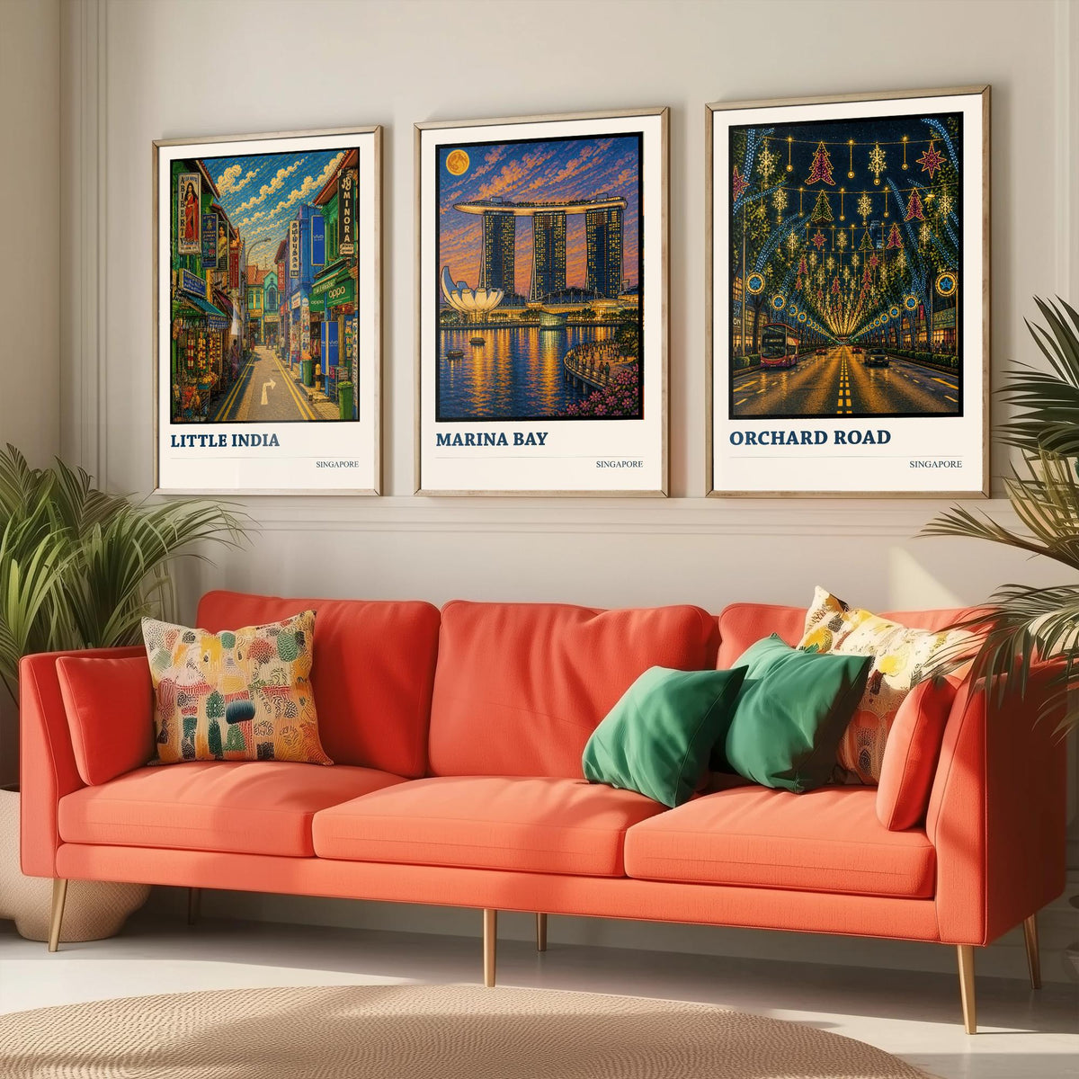Singapore Set of Three Travel Posters - Little India, Marina Bay, Orchard Road - 3 Cityscape Art Prints Music Painting Gift