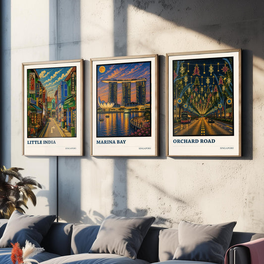 Singapore Set of Three Travel Posters - Little India, Marina Bay, Orchard Road - 3 Cityscape Art Prints Music Painting Gift