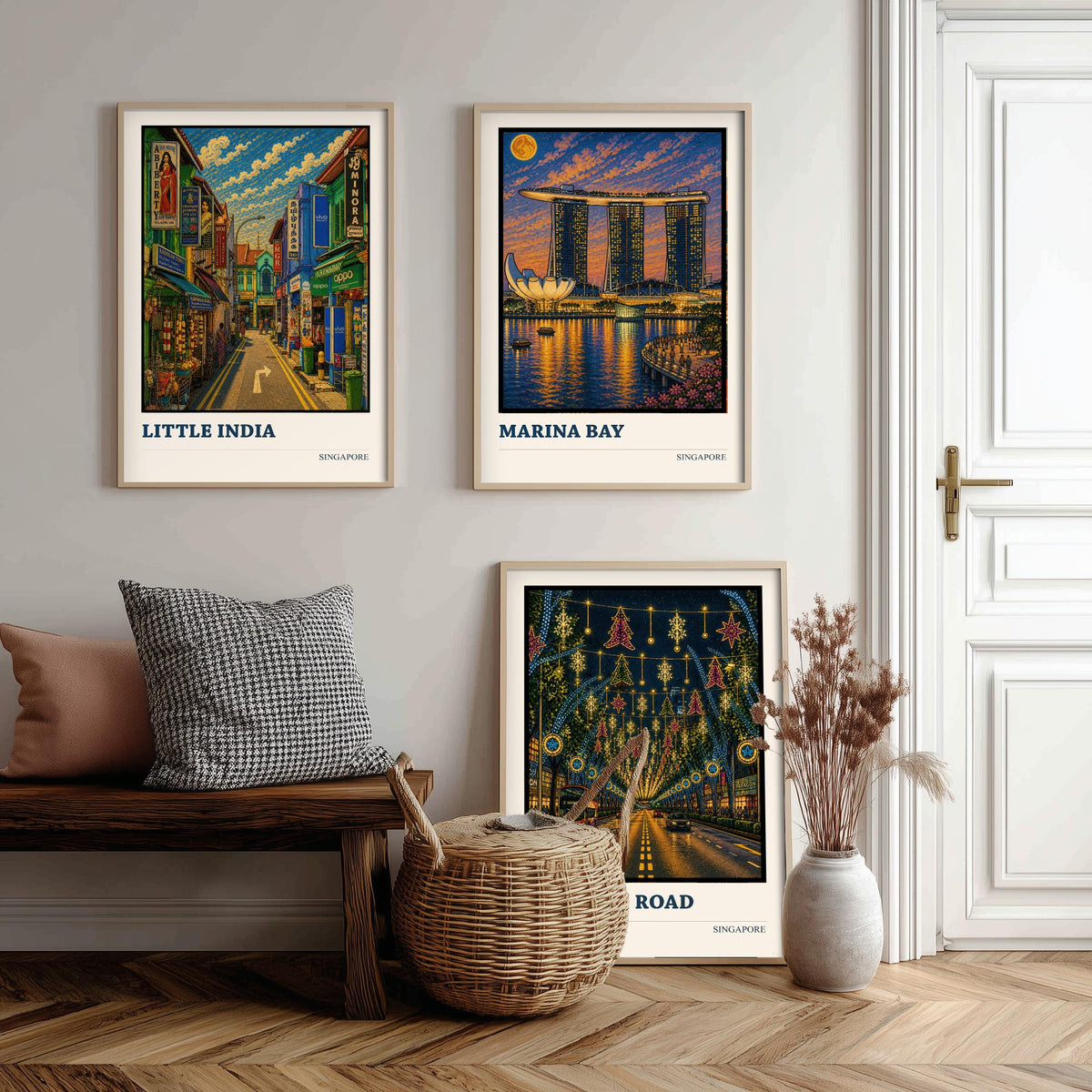 Singapore Set of Three Travel Posters - Little India, Marina Bay, Orchard Road - 3 Cityscape Art Prints Music Painting Gift