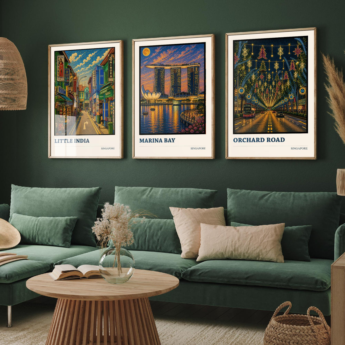 Singapore Set of Three Travel Posters - Little India, Marina Bay, Orchard Road - 3 Cityscape Art Prints Music Painting Gift