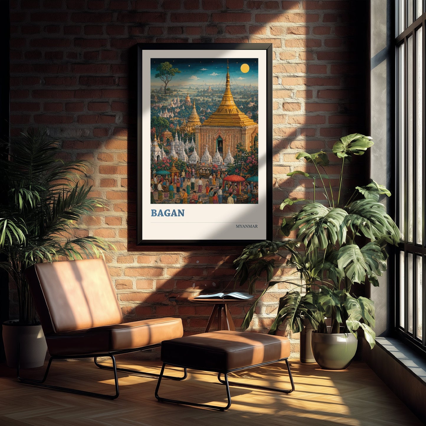 Bagan Myanmar Travel Poster - Art Print - Vibrant Illustration - Golden Temples Wall Art 1/3