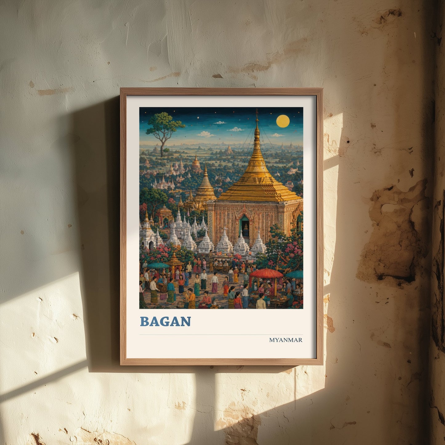 Bagan Myanmar Travel Poster - Art Print - Vibrant Illustration - Golden Temples Wall Art 1/3