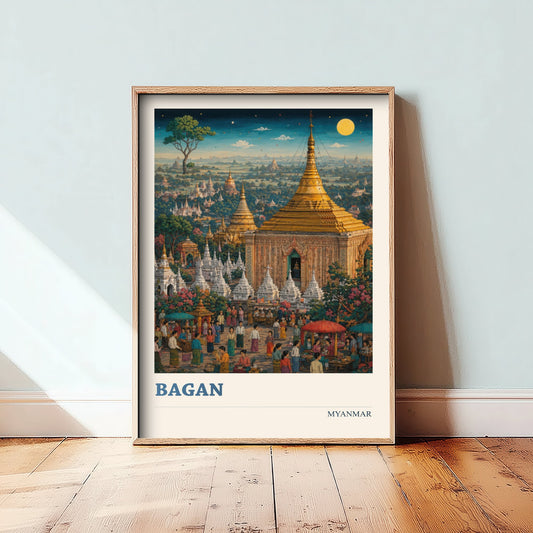 Bagan Myanmar Travel Poster - Art Print - Vibrant Illustration - Golden Temples Wall Art 1/3