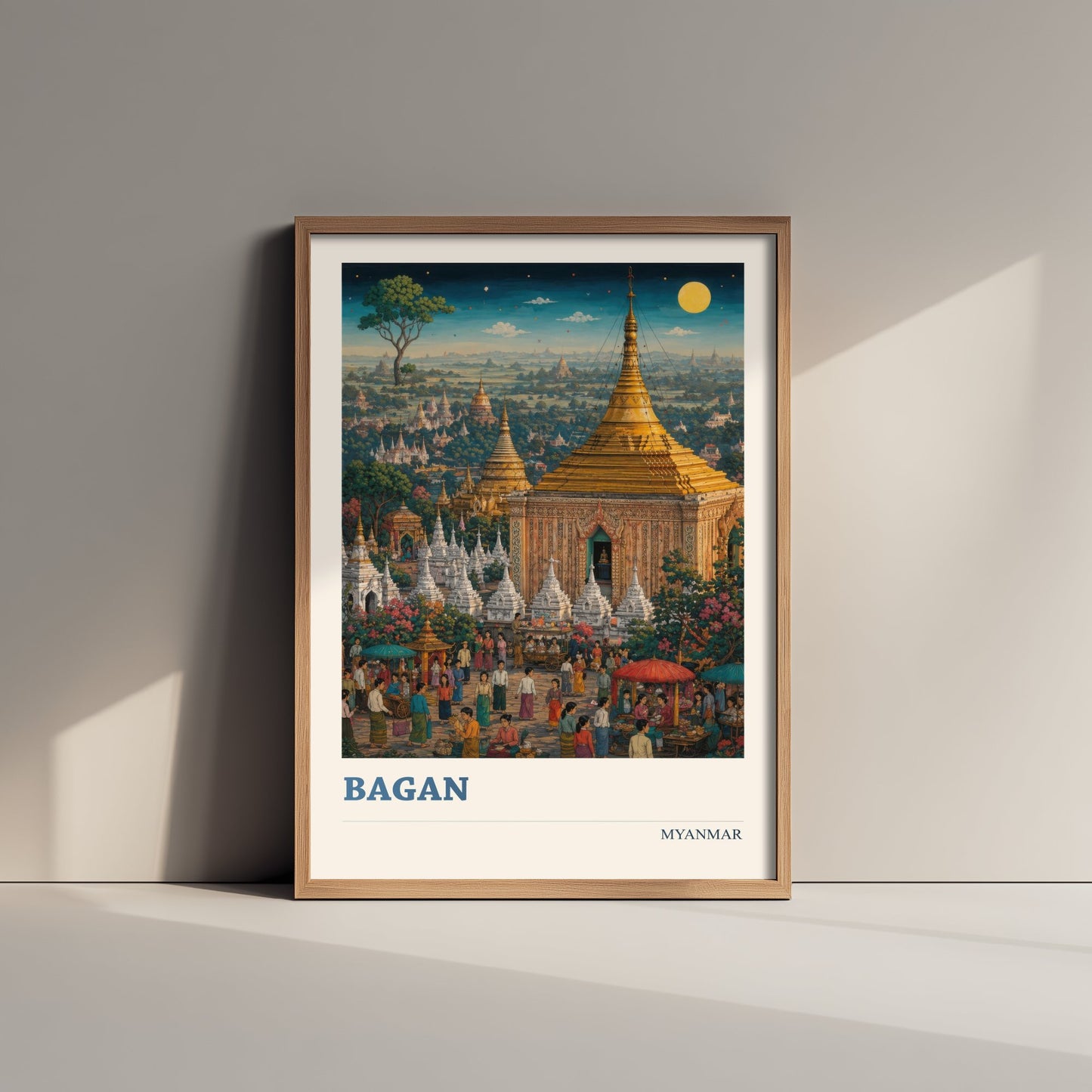 Bagan Myanmar Travel Poster - Art Print - Vibrant Illustration - Golden Temples Wall Art 1/3