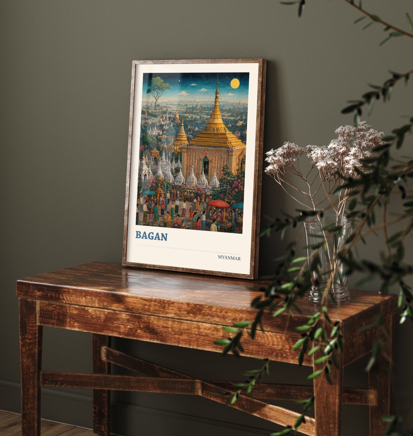 Bagan Myanmar Travel Poster - Art Print - Vibrant Illustration - Golden Temples Wall Art 1/3