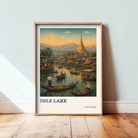 Inle Lake Myanmar Travel Poster - Art Print - Vibrant Illustration - Floating Market Wall Art 2/3