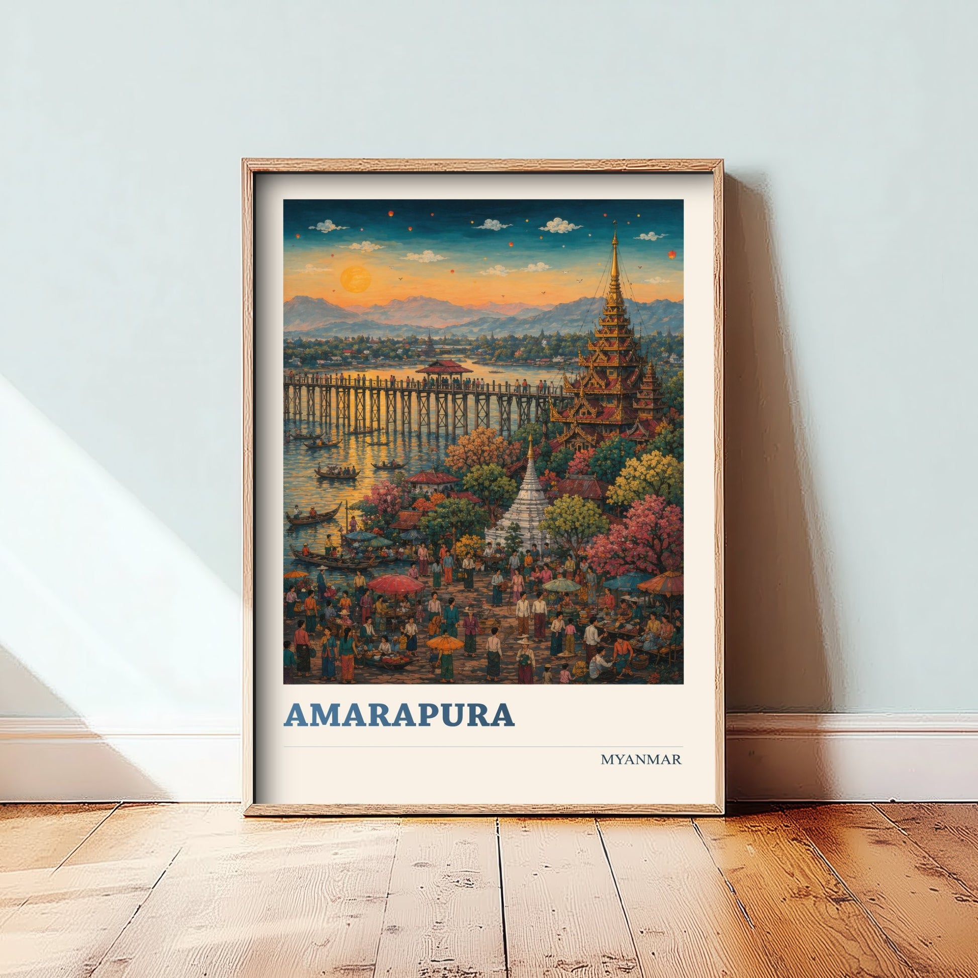 Amarapura Myanmar Travel Poster - Art Print - Vibrant Illustration - U Bein Bridge Wall Art 3/3
