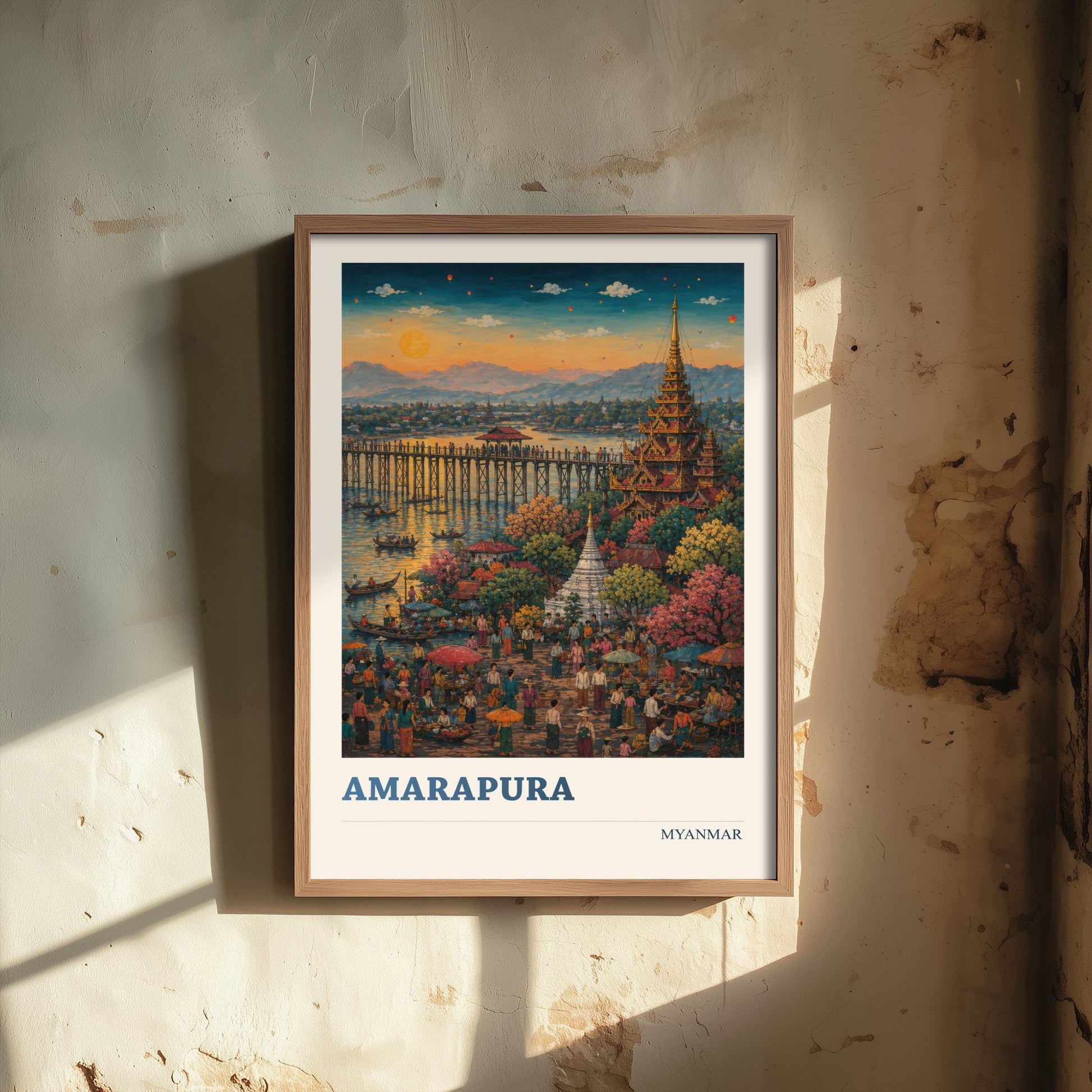 Amarapura Myanmar Travel Poster - Art Print - Vibrant Illustration - U Bein Bridge Wall Art 3/3
