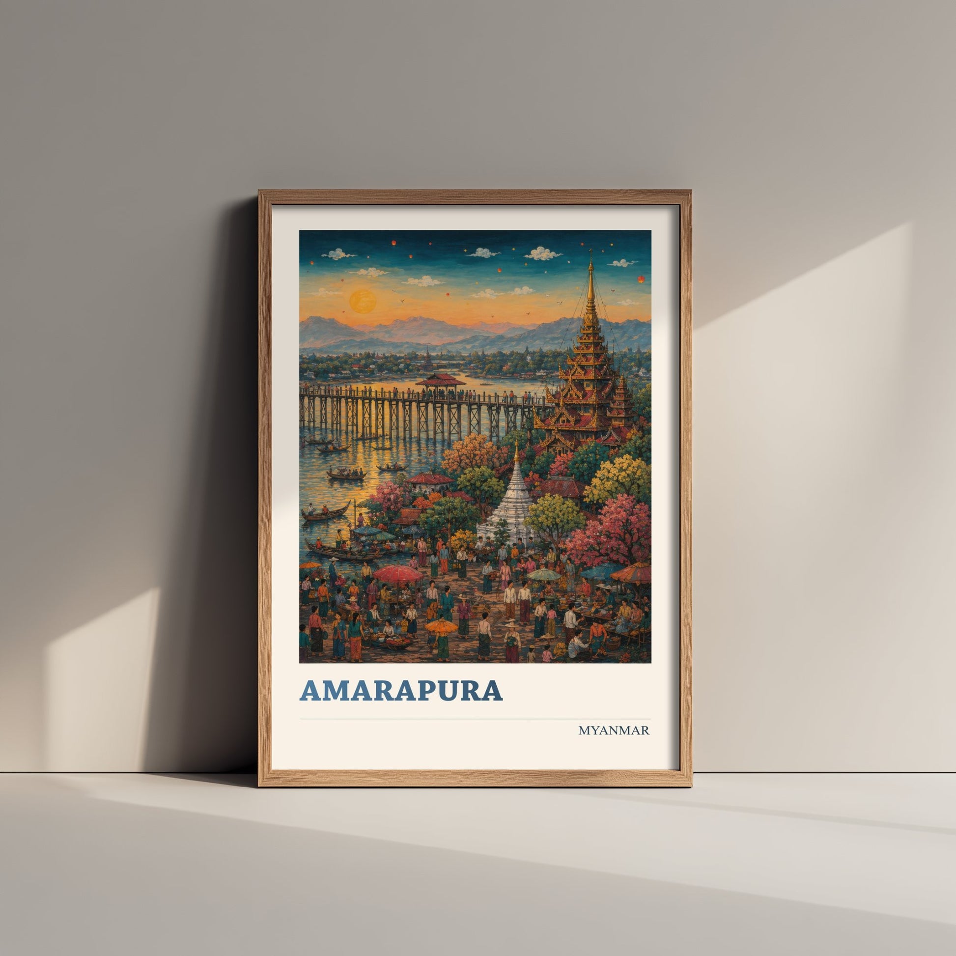 Amarapura Myanmar Travel Poster - Art Print - Vibrant Illustration - U Bein Bridge Wall Art 3/3