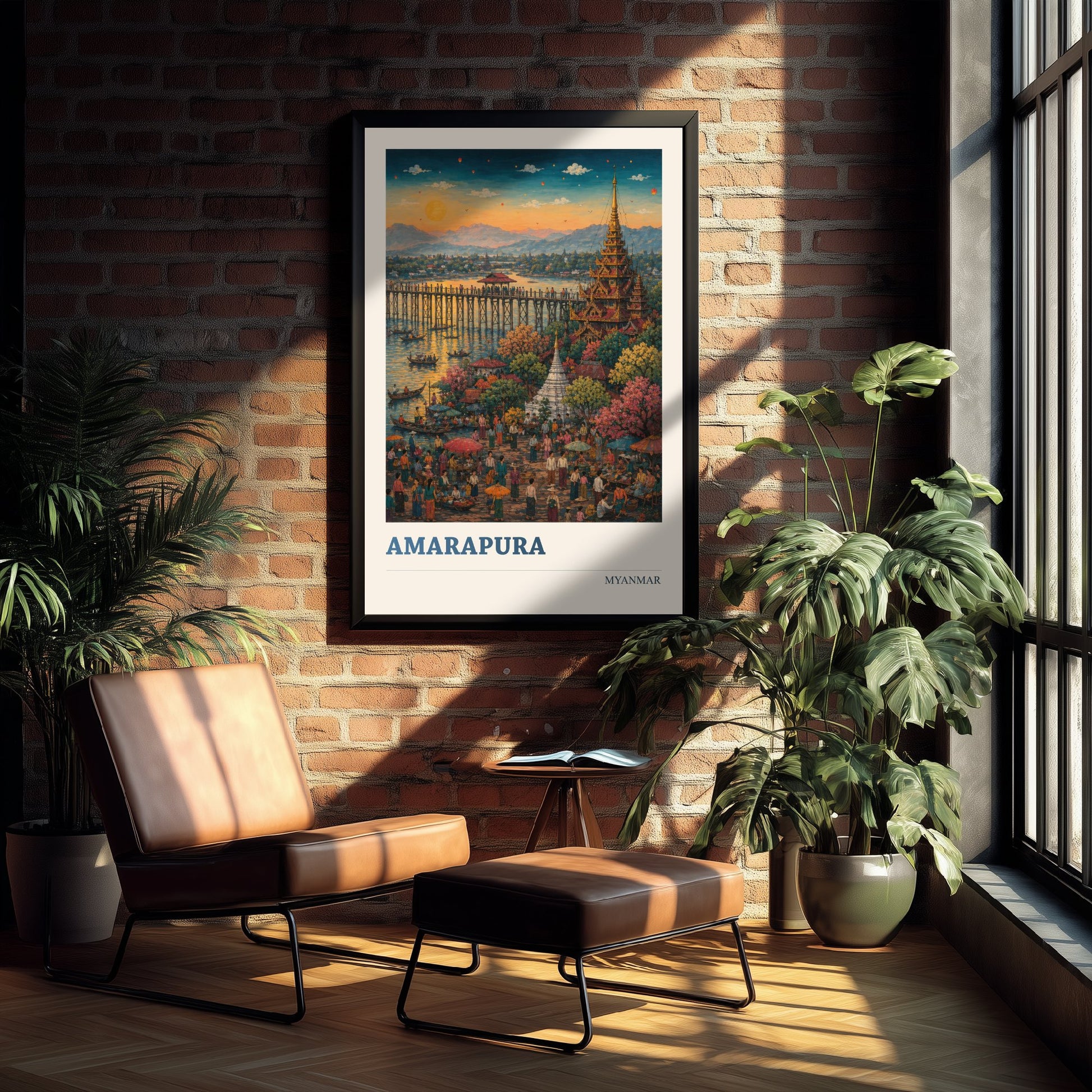 Amarapura Myanmar Travel Poster - Art Print - Vibrant Illustration - U Bein Bridge Wall Art 3/3