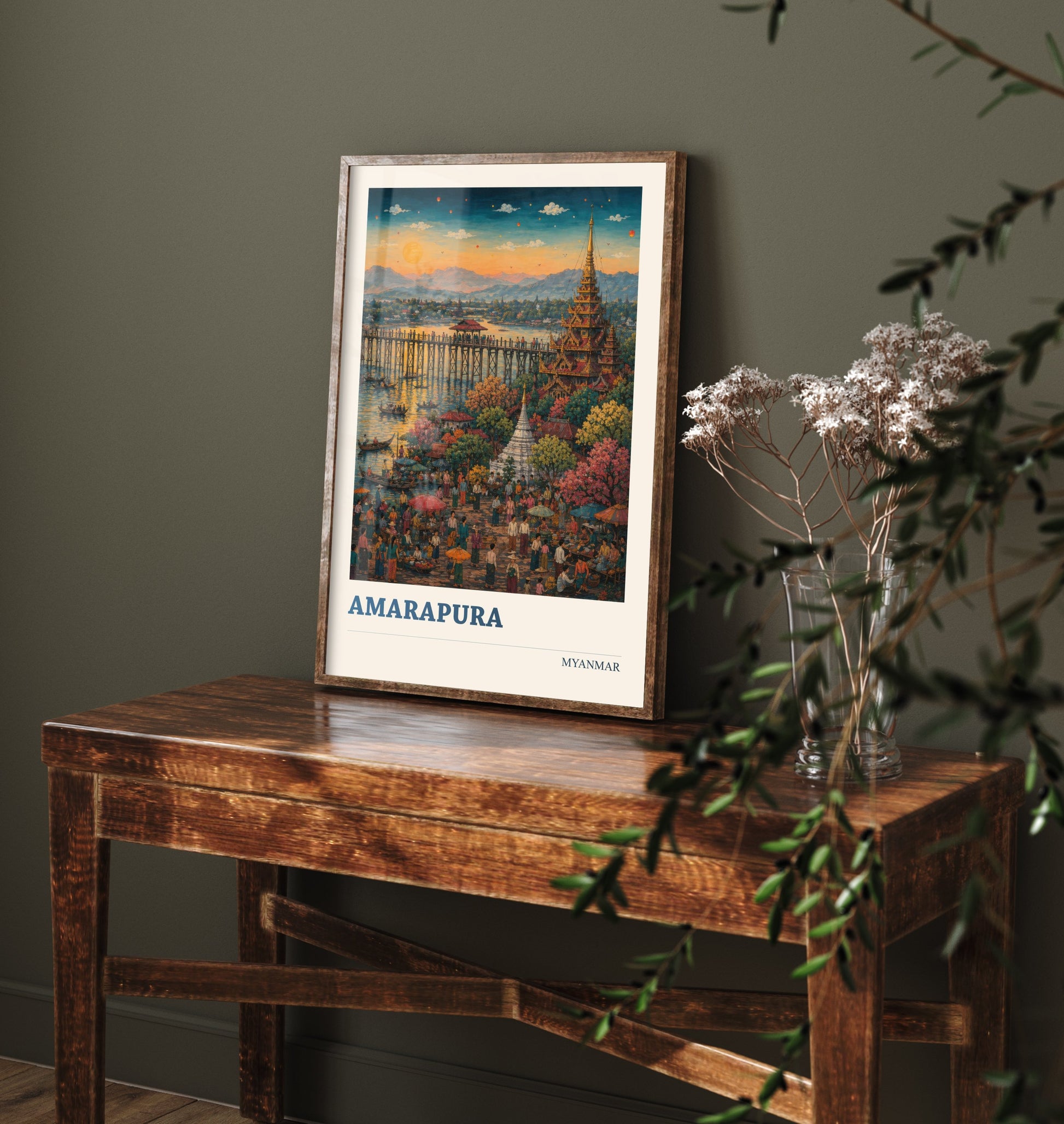 Amarapura Myanmar Travel Poster - Art Print - Vibrant Illustration - U Bein Bridge Wall Art 3/3