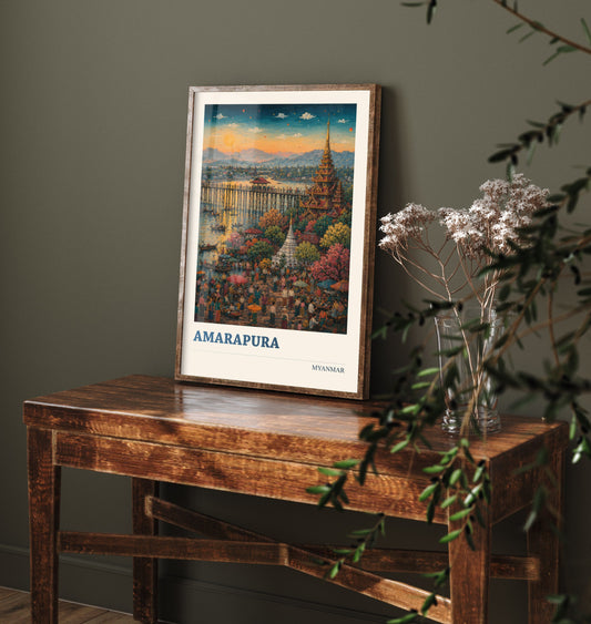 Amarapura Myanmar Travel Poster - Art Print - Vibrant Illustration - U Bein Bridge Wall Art 3/3
