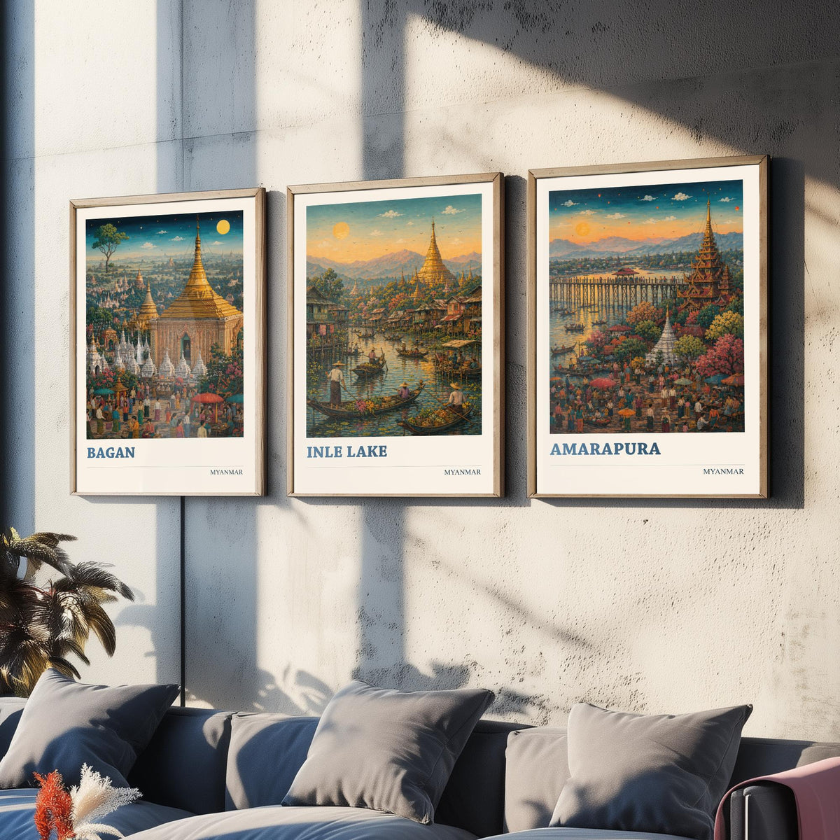 Set of Three Myanmar Burma Travel Posters - Bagan, Inle Lake, Amarapura - 3 Modern Art Prints - Painting Illustration Gift Map