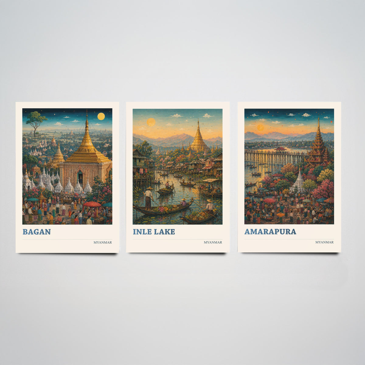 Set of Three Myanmar Burma Travel Posters - Bagan, Inle Lake, Amarapura - 3 Modern Art Prints - Painting Illustration Gift Map