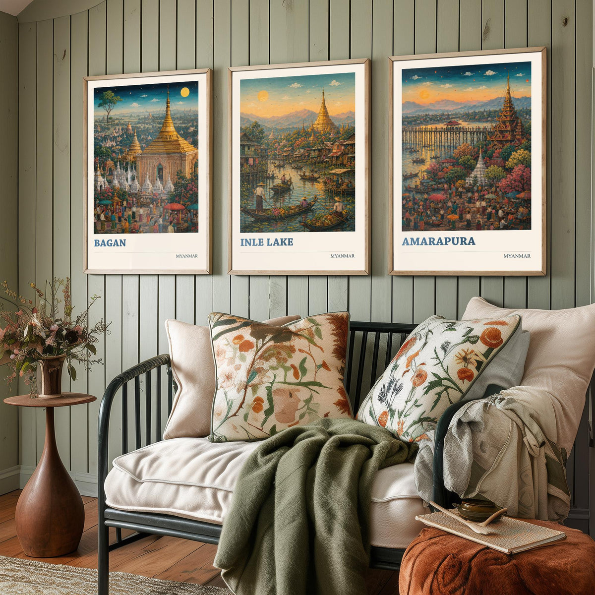 Set of Three Myanmar Burma Travel Posters - Bagan, Inle Lake, Amarapura - 3 Modern Art Prints - Painting Illustration Gift Map