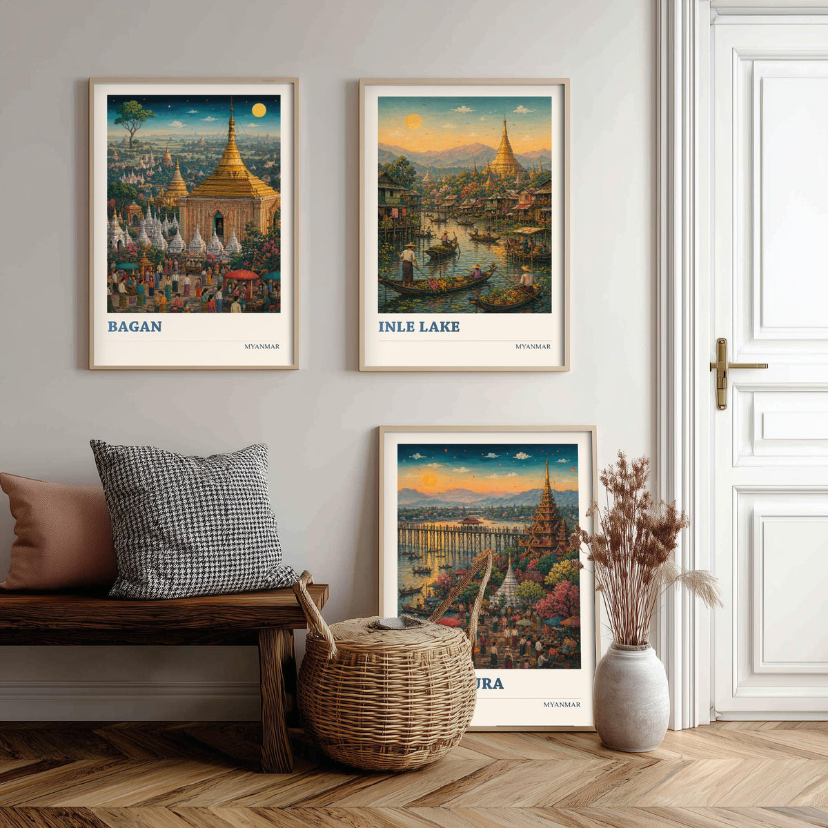 Set of Three Myanmar Burma Travel Posters - Bagan, Inle Lake, Amarapura - 3 Modern Art Prints - Painting Illustration Gift Map