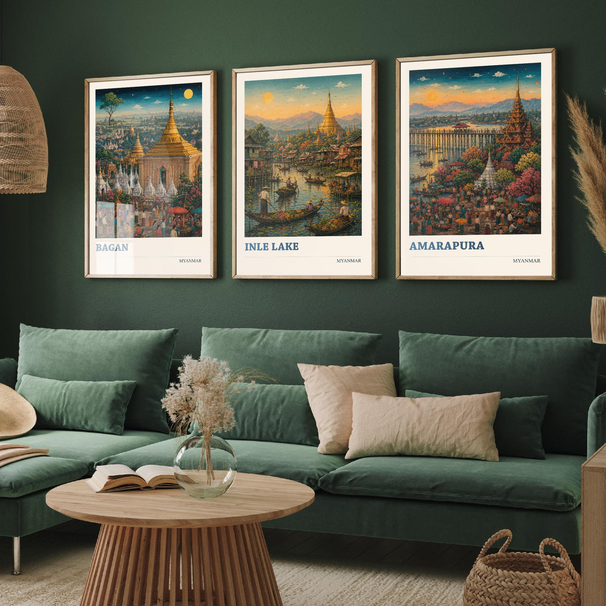 Set of Three Myanmar Burma Travel Posters - Bagan, Inle Lake, Amarapura - 3 Modern Art Prints - Painting Illustration Gift Map