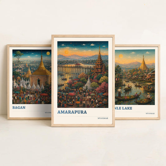 Set of Three Myanmar Burma Travel Posters - Bagan, Inle Lake, Amarapura - 3 Modern Art Prints - Painting Illustration Gift Map
