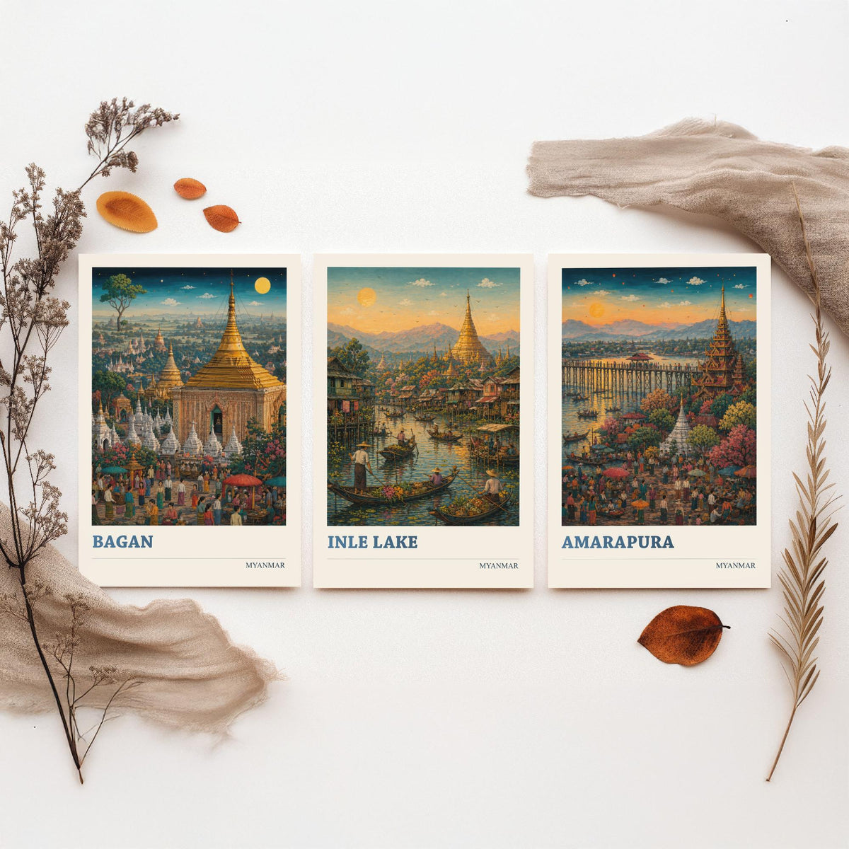 Set of Three Myanmar Burma Travel Posters - Bagan, Inle Lake, Amarapura - 3 Modern Art Prints - Painting Illustration Gift Map