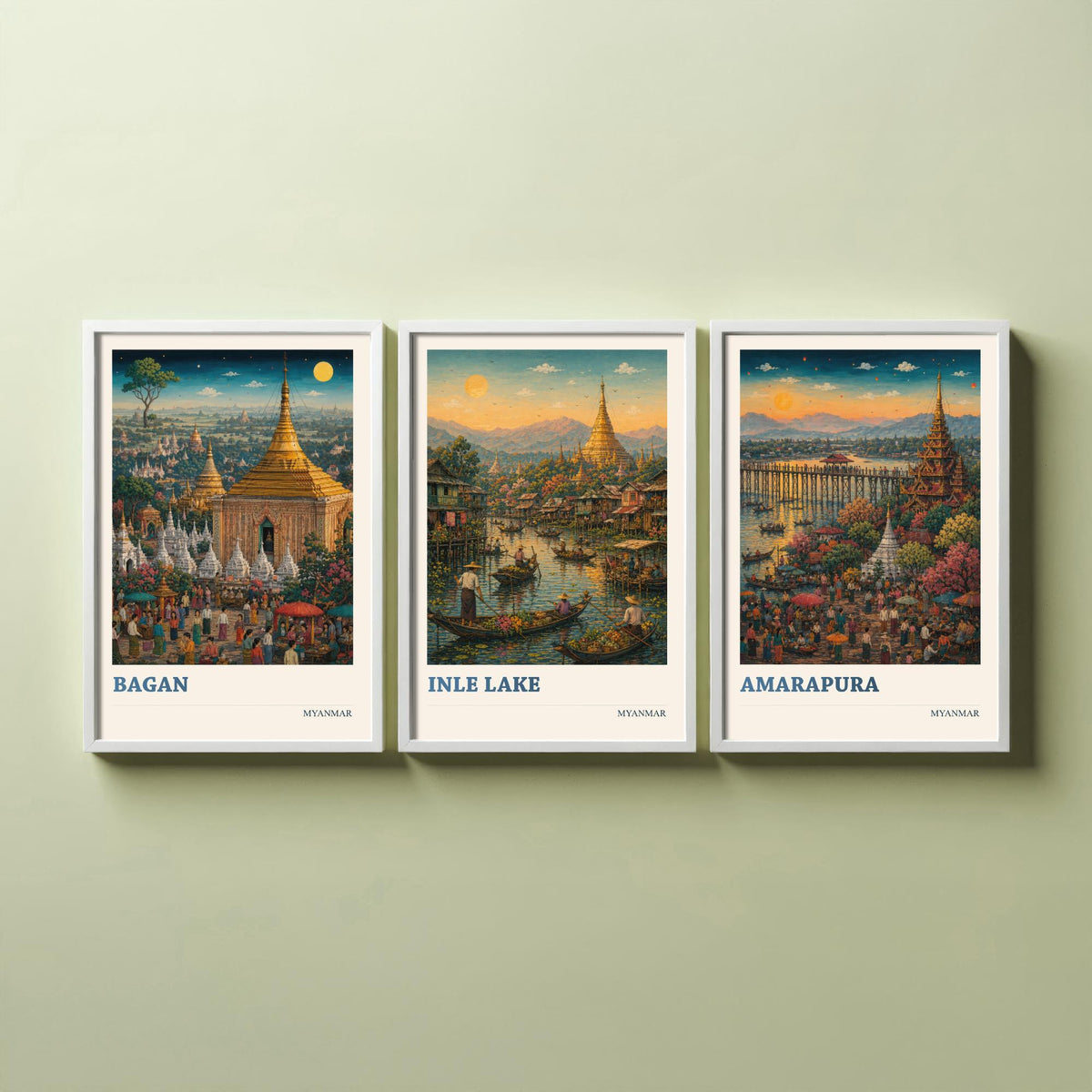 Set of Three Myanmar Burma Travel Posters - Bagan, Inle Lake, Amarapura - 3 Modern Art Prints - Painting Illustration Gift Map
